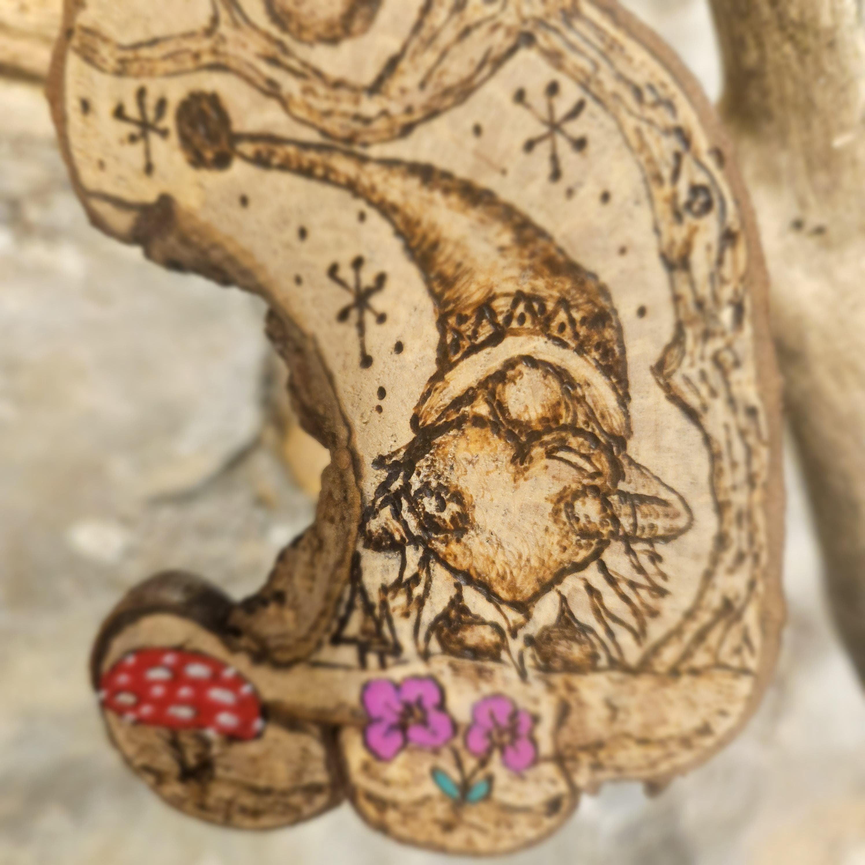 Woodland Gonk with Heart – Hand-Burned Crescent Shaped Hazel Wood Slice Art