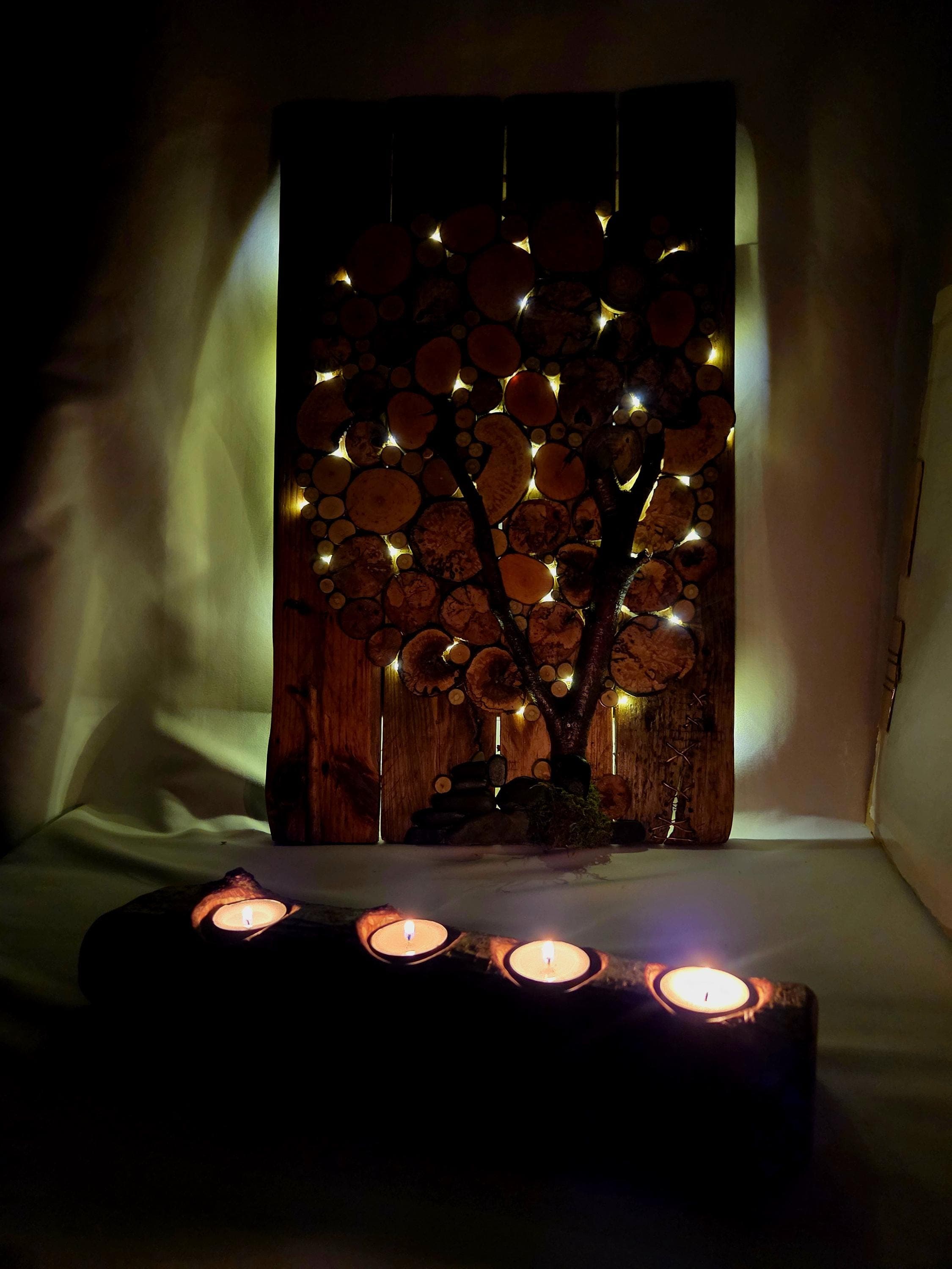 Handmade Log Wall Art | Kintsugi Inspired Wall Art | Eco-Friendly Decor with Fairy Lights | Bough & Burrow