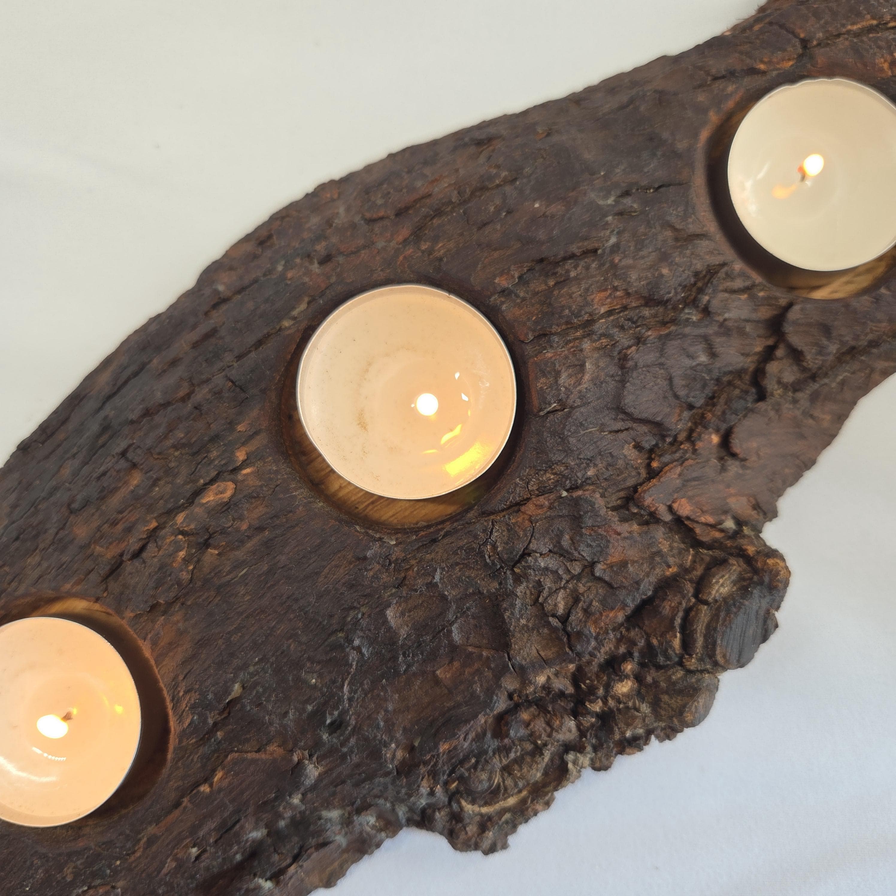 Reclaimed Natural Wood Candle Stand | Rustic Bark Centrepiece | Handmade by Bough & Burrow