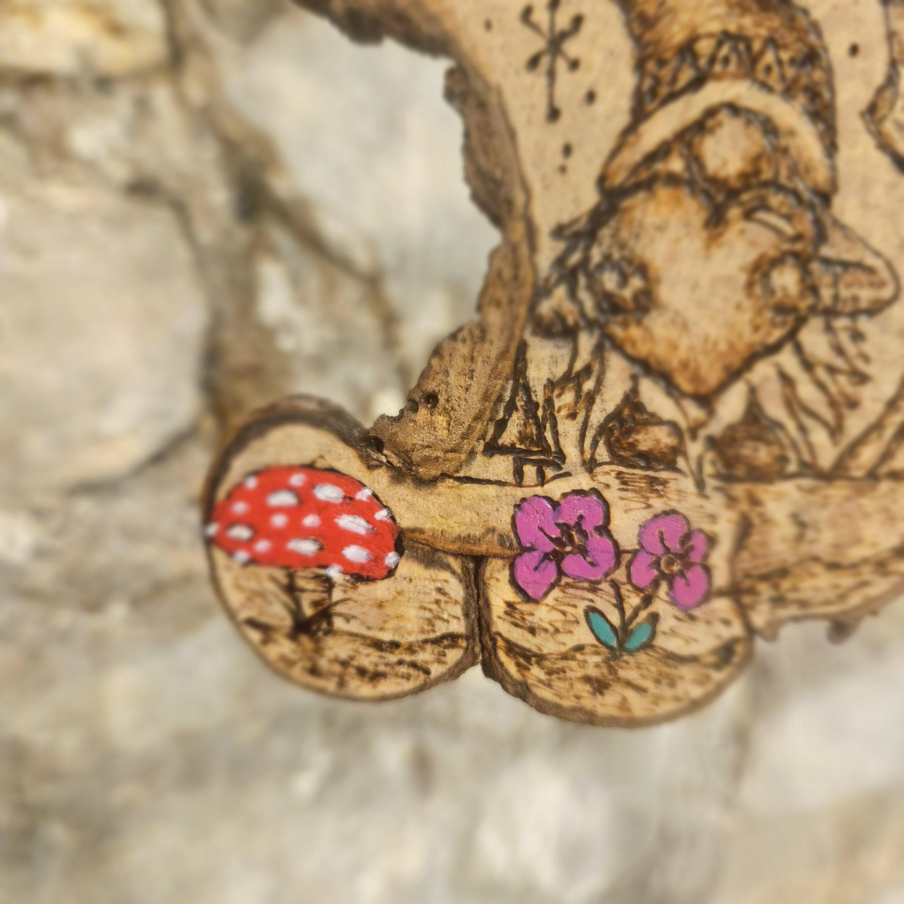 Woodland Gonk with Heart – Hand-Burned Crescent Shaped Hazel Wood Slice Art