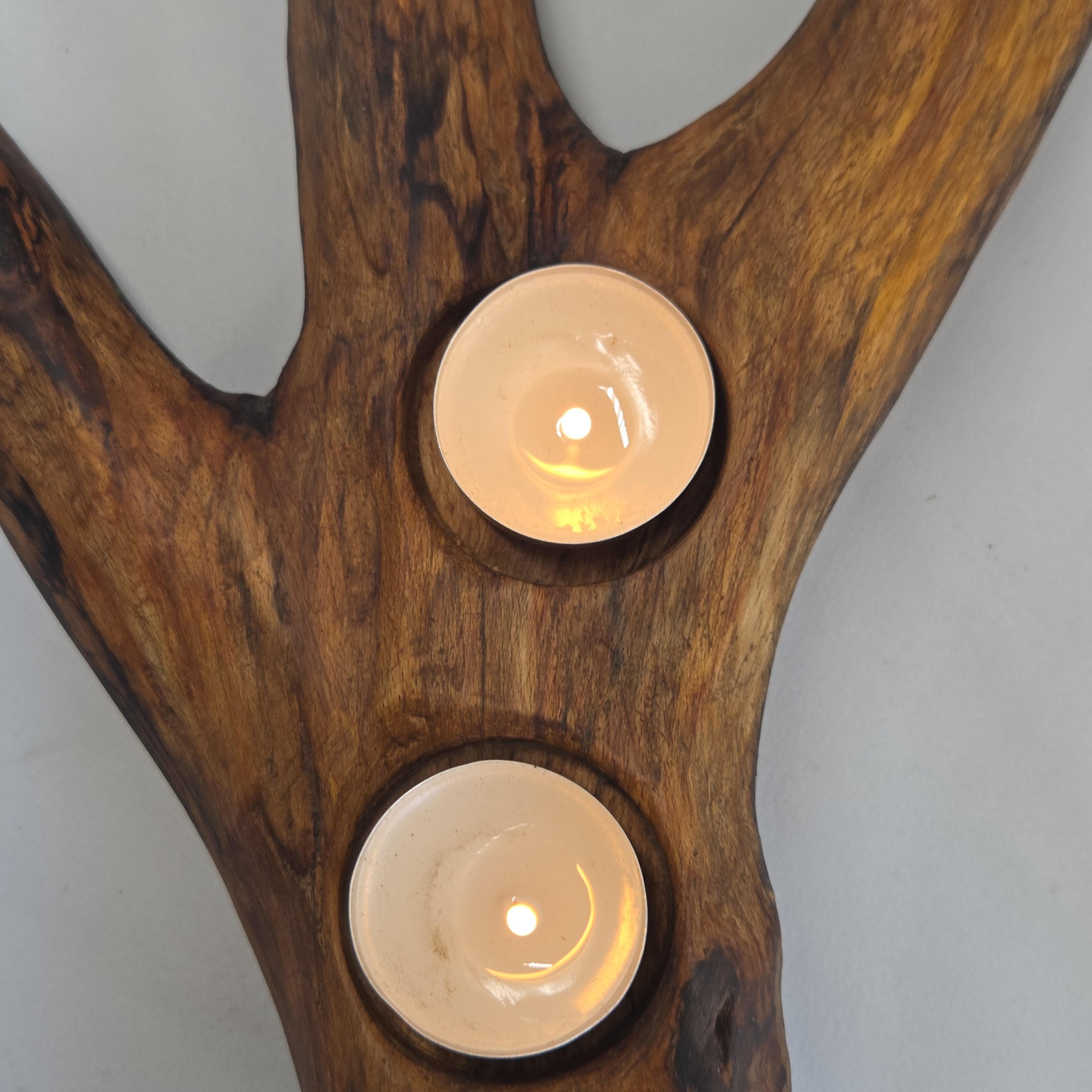 Natural Forked Wood Candle Centrepiece | Handcarved Tealight Stand | Rustic Earthy Decor by Bough & Burrow