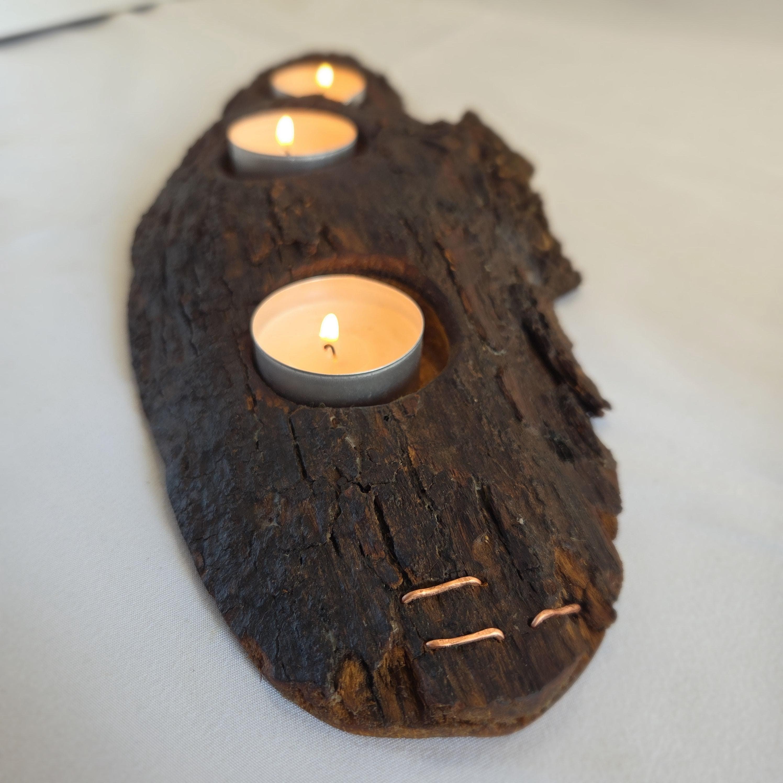 Reclaimed Natural Wood Candle Stand | Rustic Bark Centrepiece | Handmade by Bough & Burrow