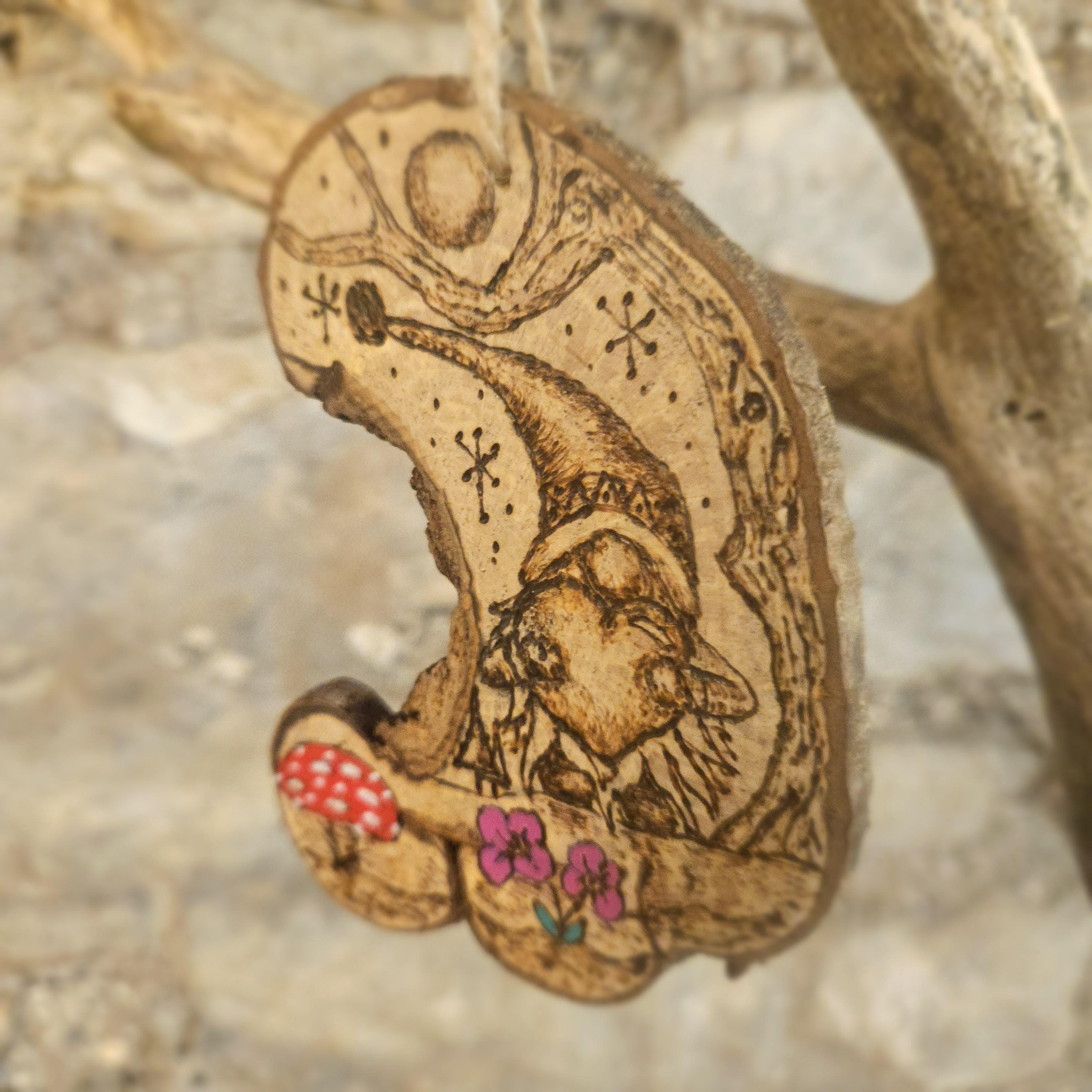 Woodland Gonk with Heart – Hand-Burned Crescent Shaped Hazel Wood Slice Art