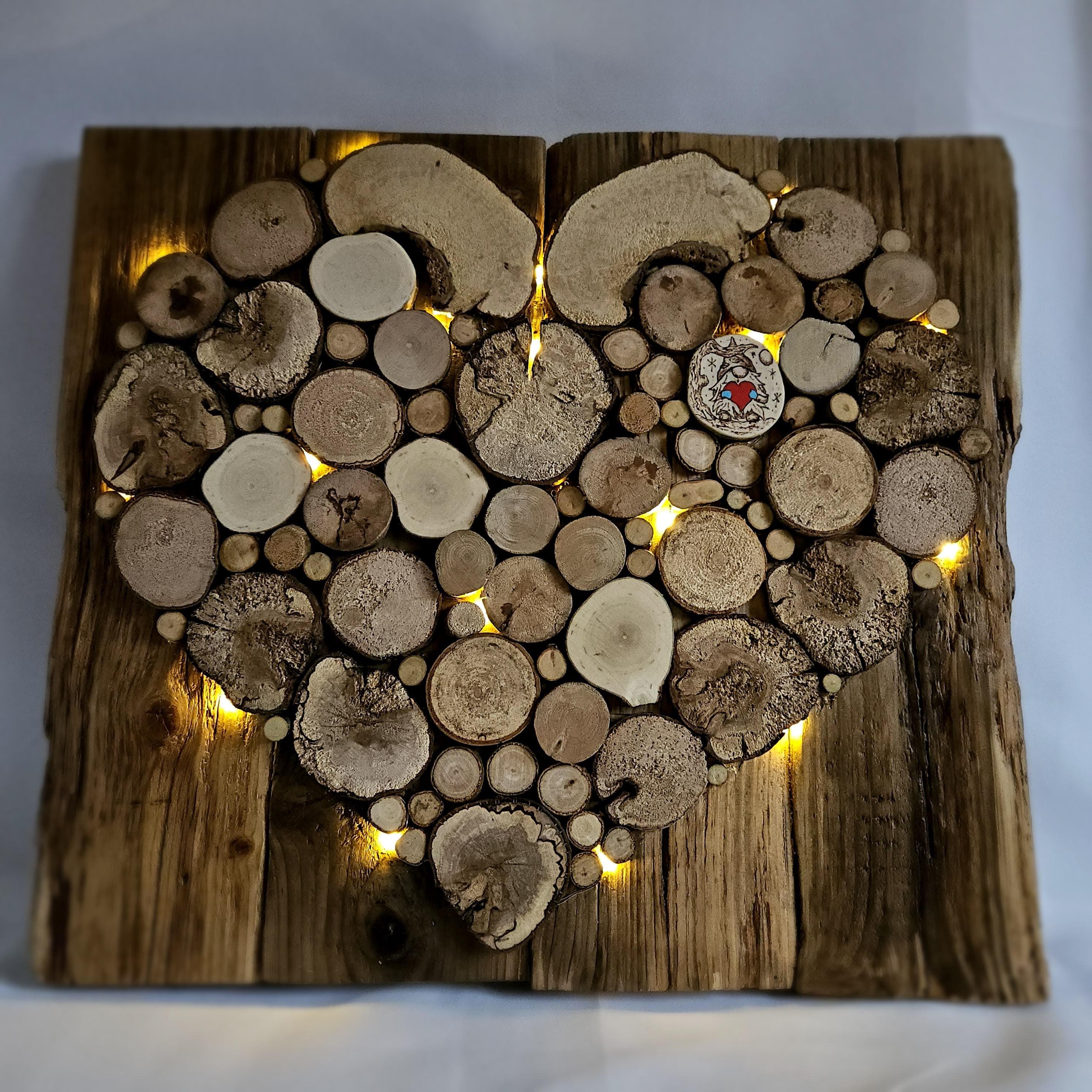 Medium Rustic Decor Wood Slice Heart with Lights & Pyrography