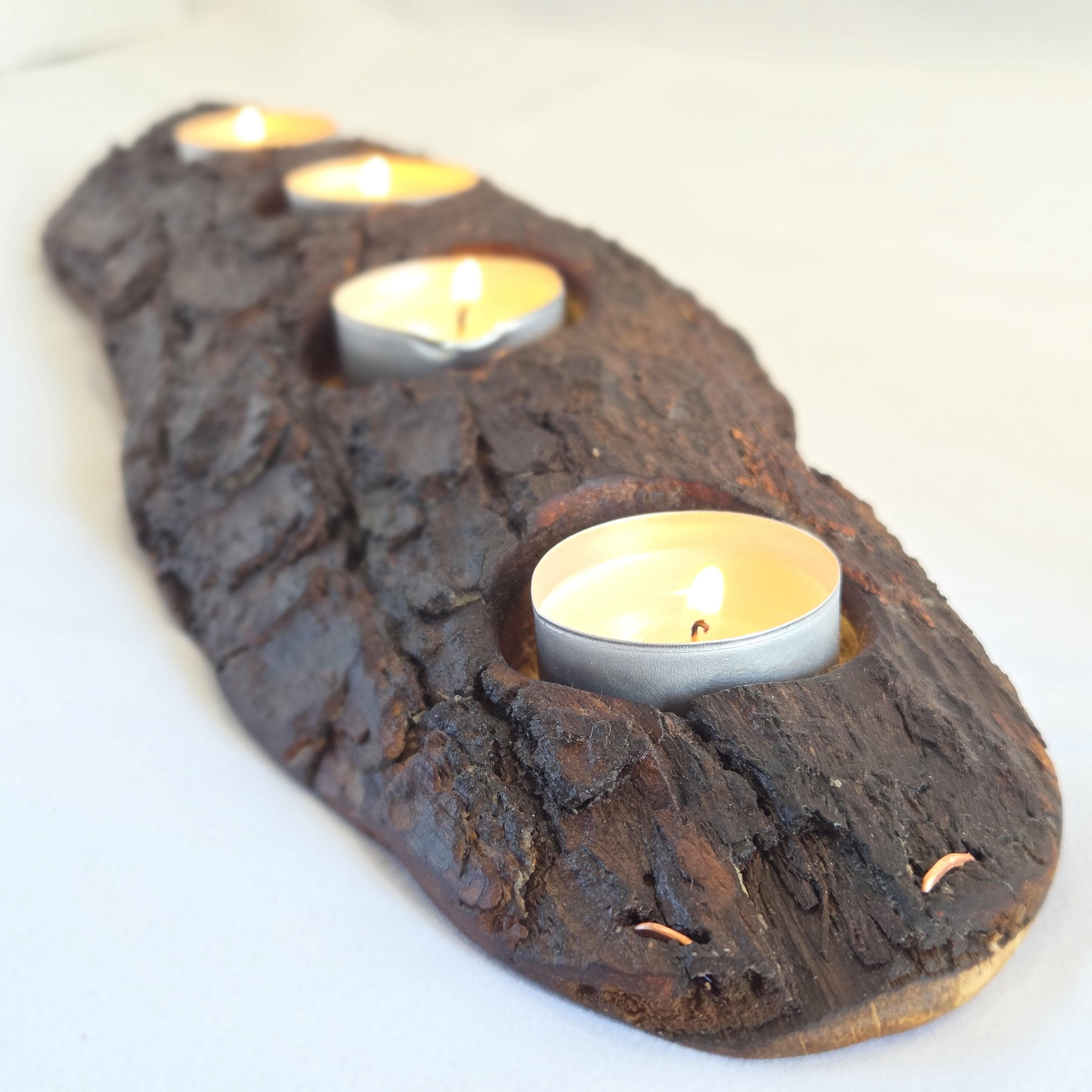 Reclaimed Natural Wood Candle Stand | Rustic Bark Centrepiece | Handmade by Bough & Burrow