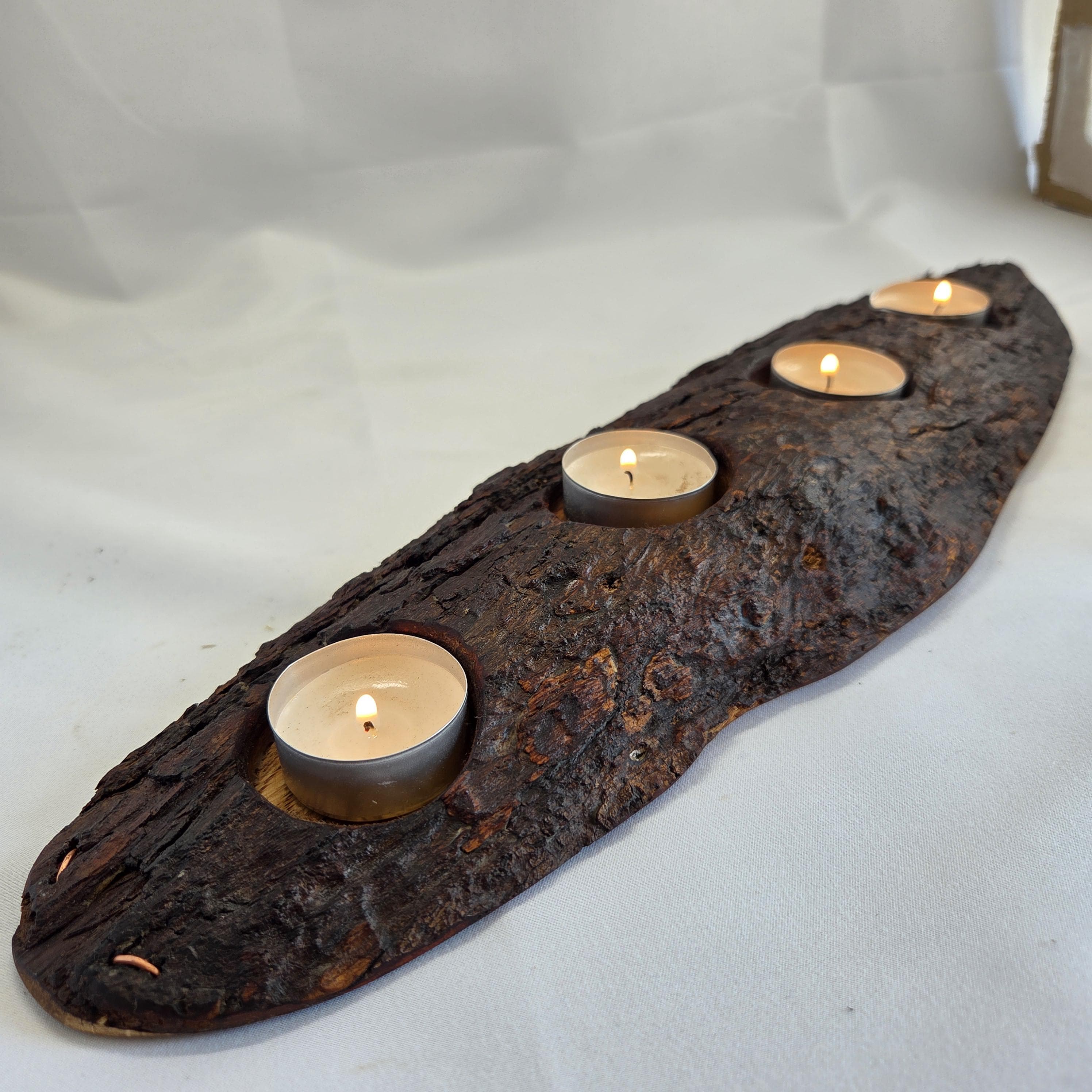 Reclaimed Natural Wood Candle Stand | Rustic Bark Centrepiece | Handmade by Bough & Burrow