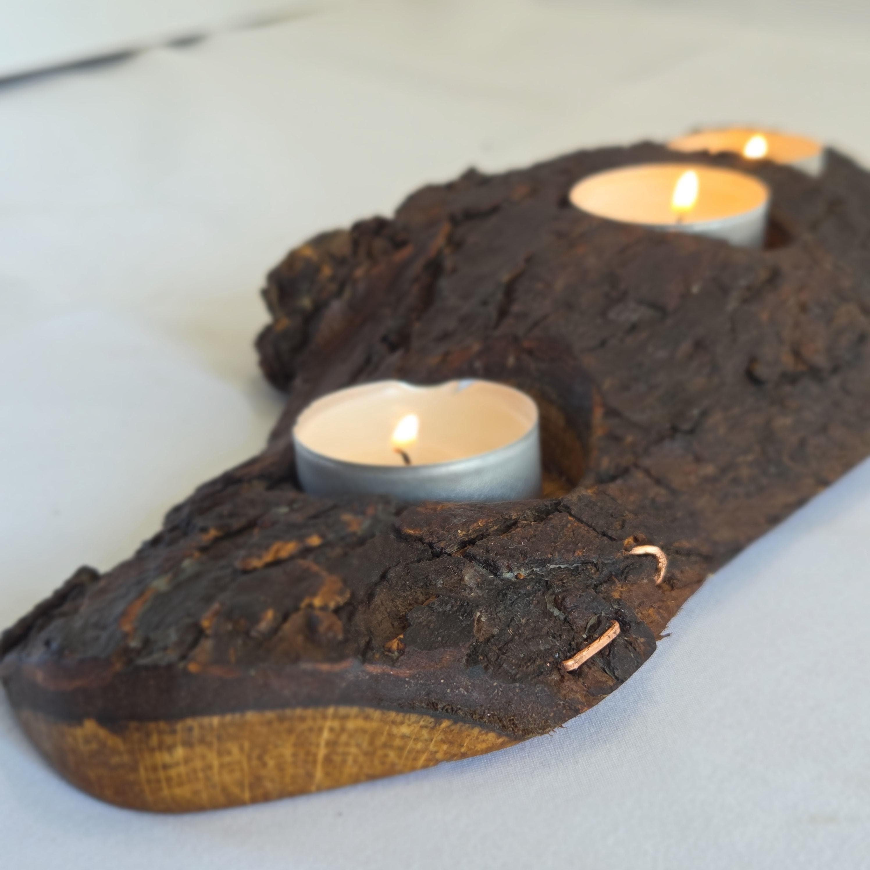 Reclaimed Natural Wood Candle Stand | Rustic Bark Centrepiece | Handmade by Bough & Burrow