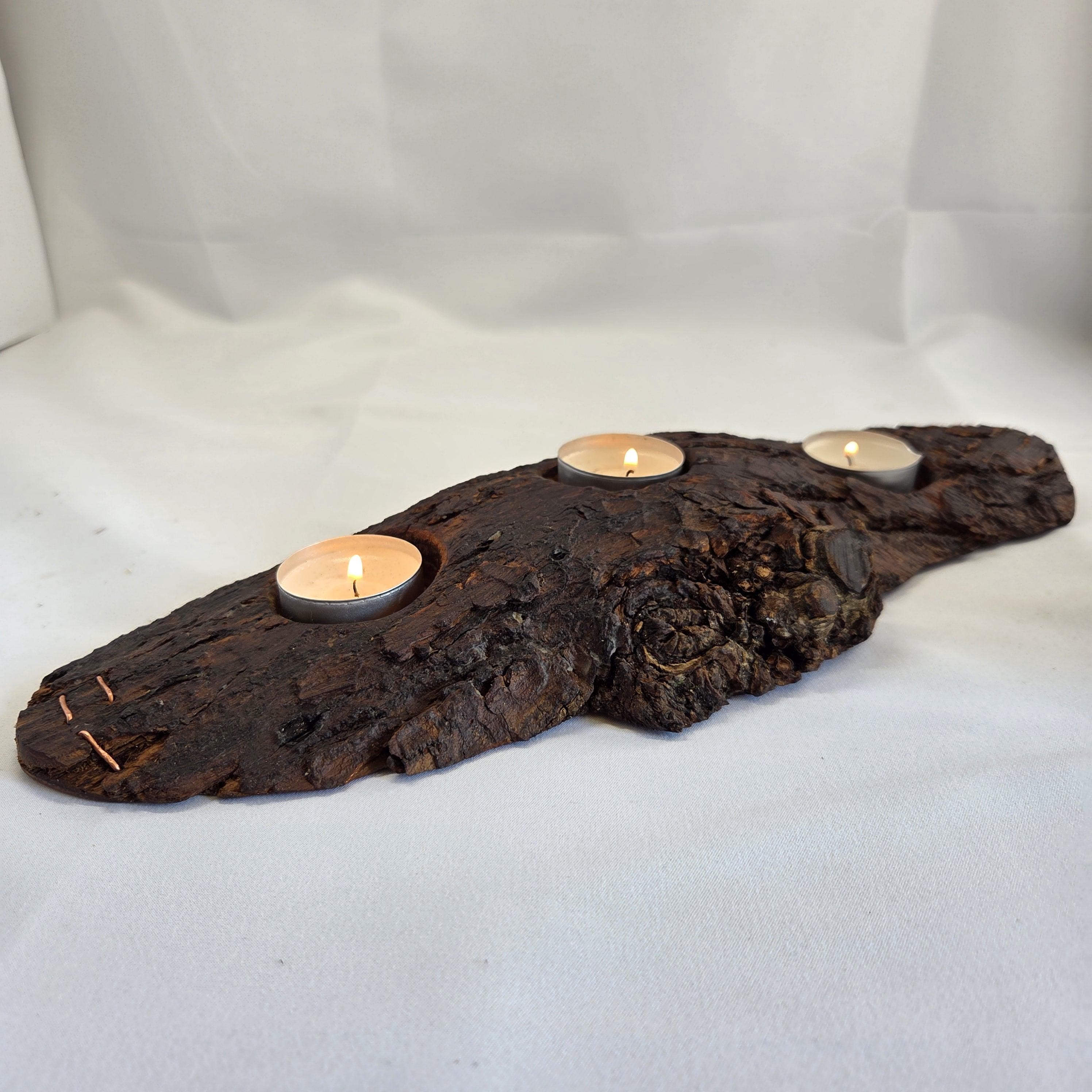 Reclaimed Natural Wood Candle Stand | Rustic Bark Centrepiece | Handmade by Bough & Burrow
