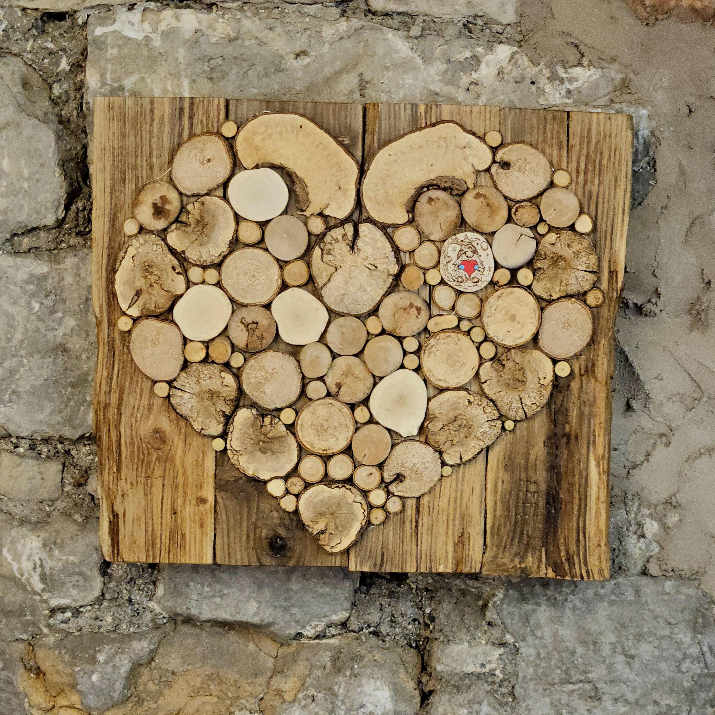 Medium Rustic Decor Wood Slice Heart with Lights & Pyrography