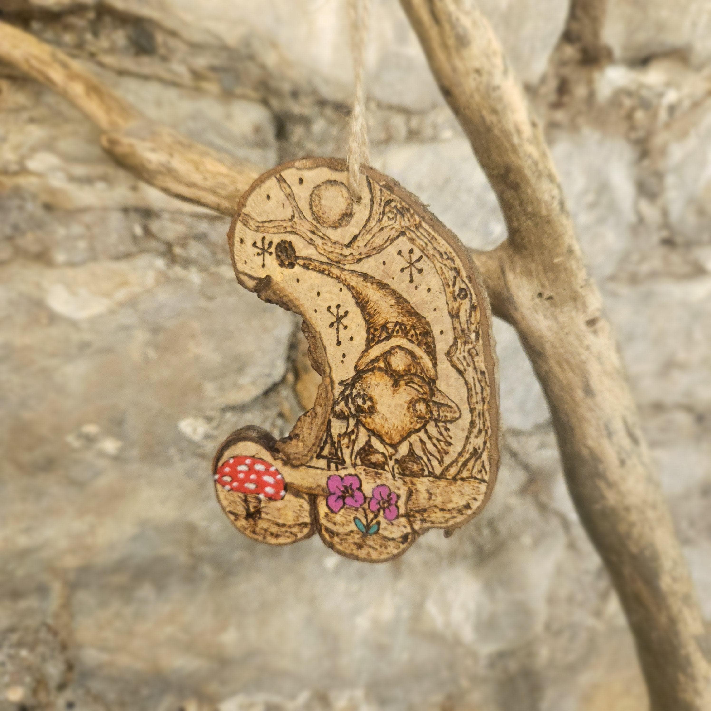 Woodland Gonk with Heart – Hand-Burned Crescent Shaped Hazel Wood Slice Art
