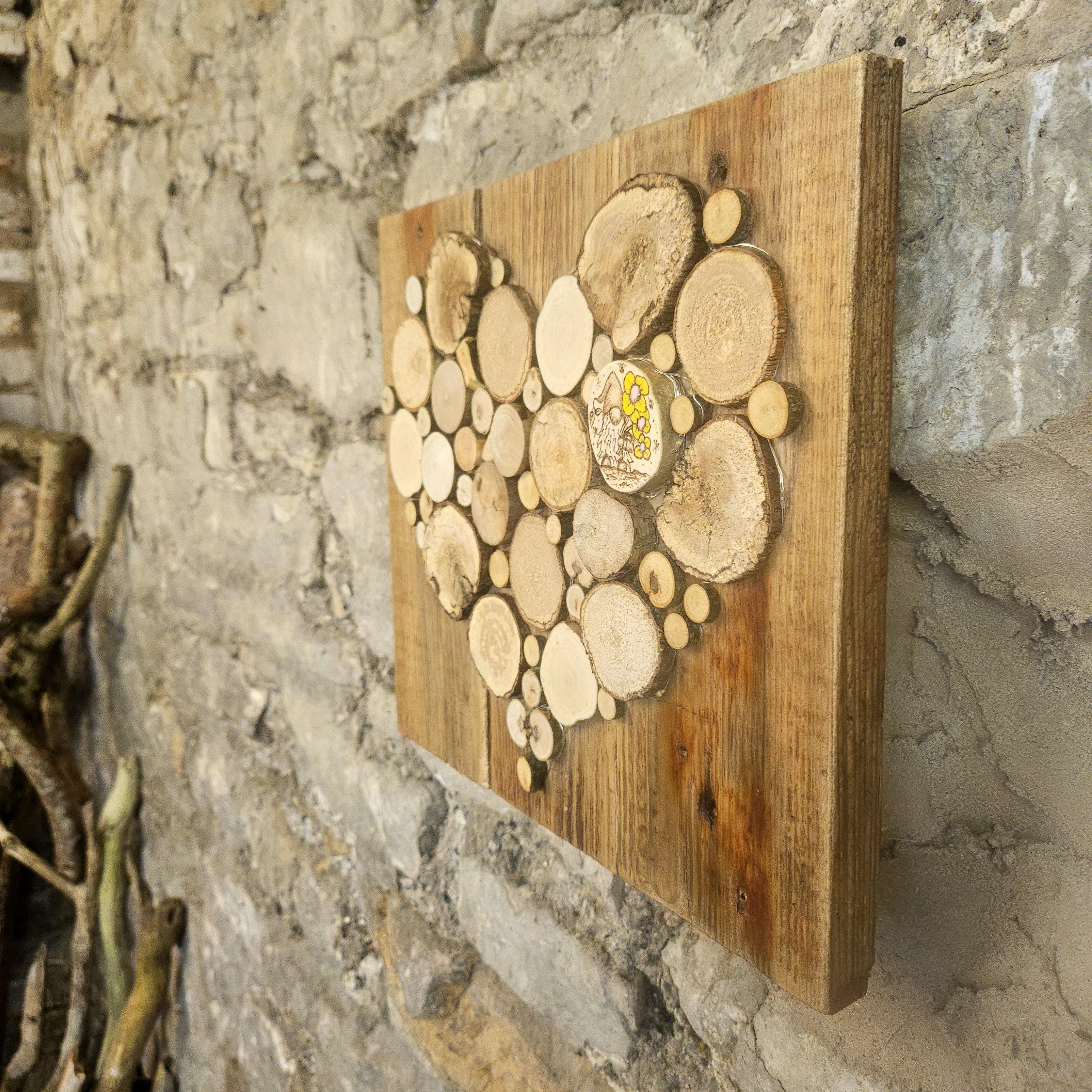 Wooden Wall Art wood decor featuring Heart Design and Pyrography Gonk & Flowers Detail, Rustic Wall Art, Wood Decor, Mother's Day Gift