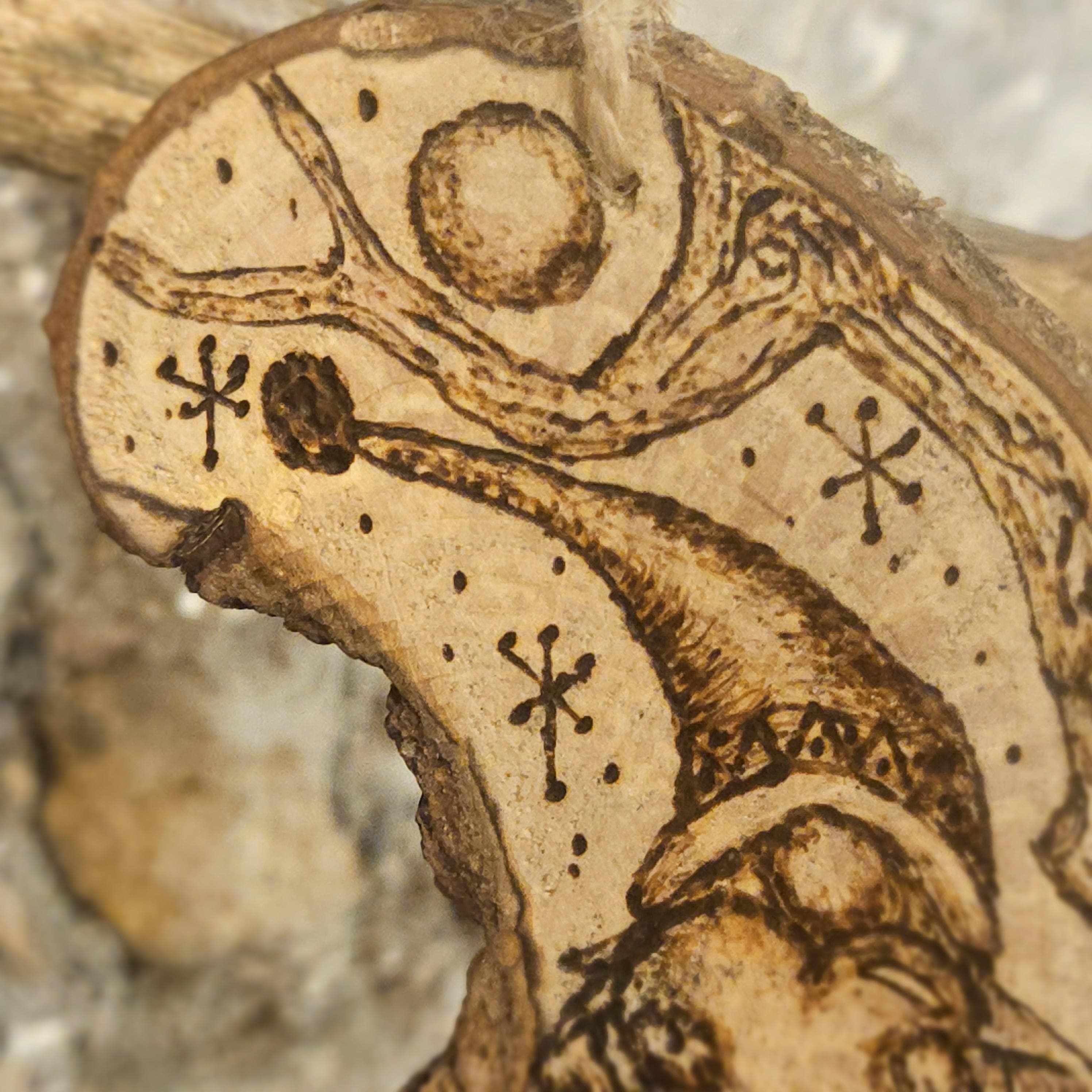 Woodland Gonk with Heart – Hand-Burned Crescent Shaped Hazel Wood Slice Art