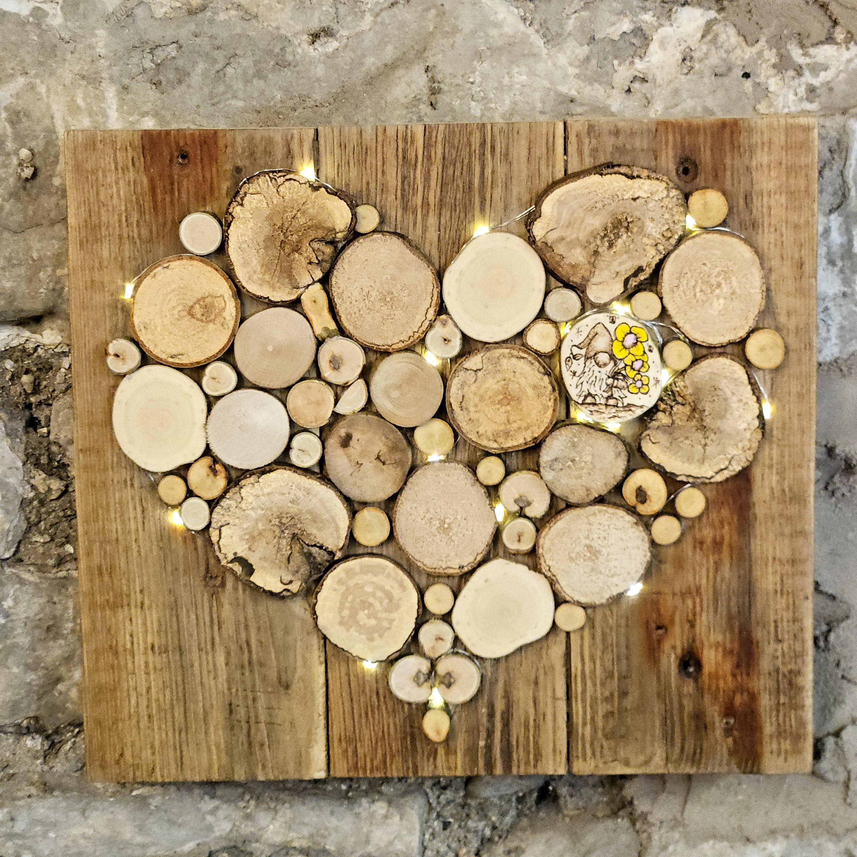 Wooden Wall Art wood decor featuring Heart Design and Pyrography Gonk & Flowers Detail, Rustic Wall Art, Wood Decor, Mother's Day Gift