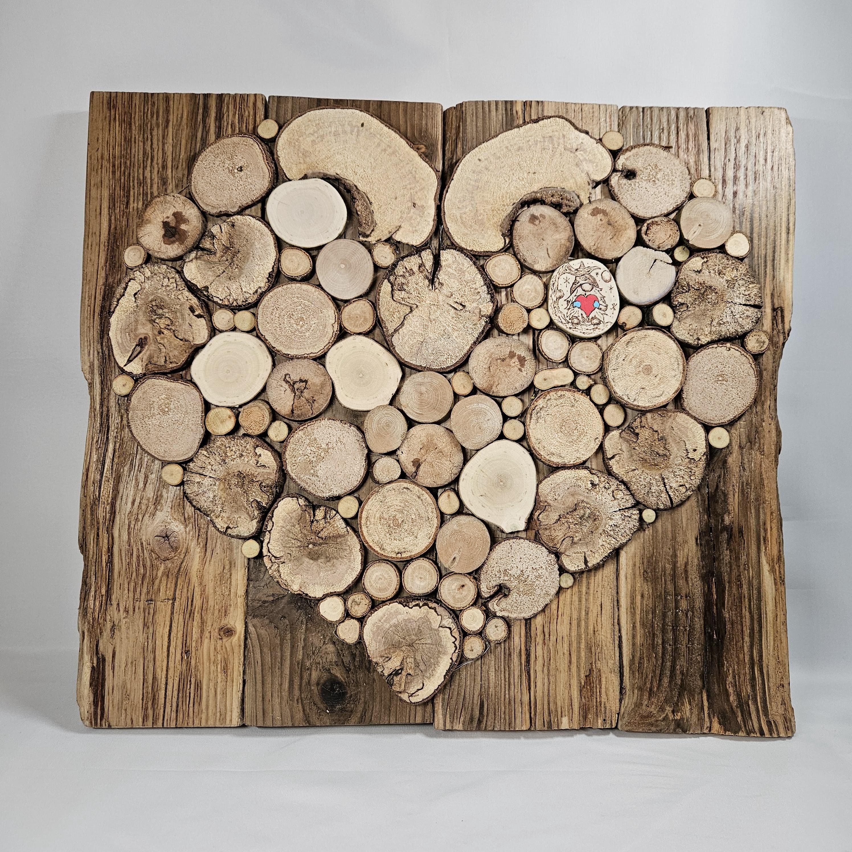 Medium Rustic Decor Wood Slice Heart with Lights & Pyrography
