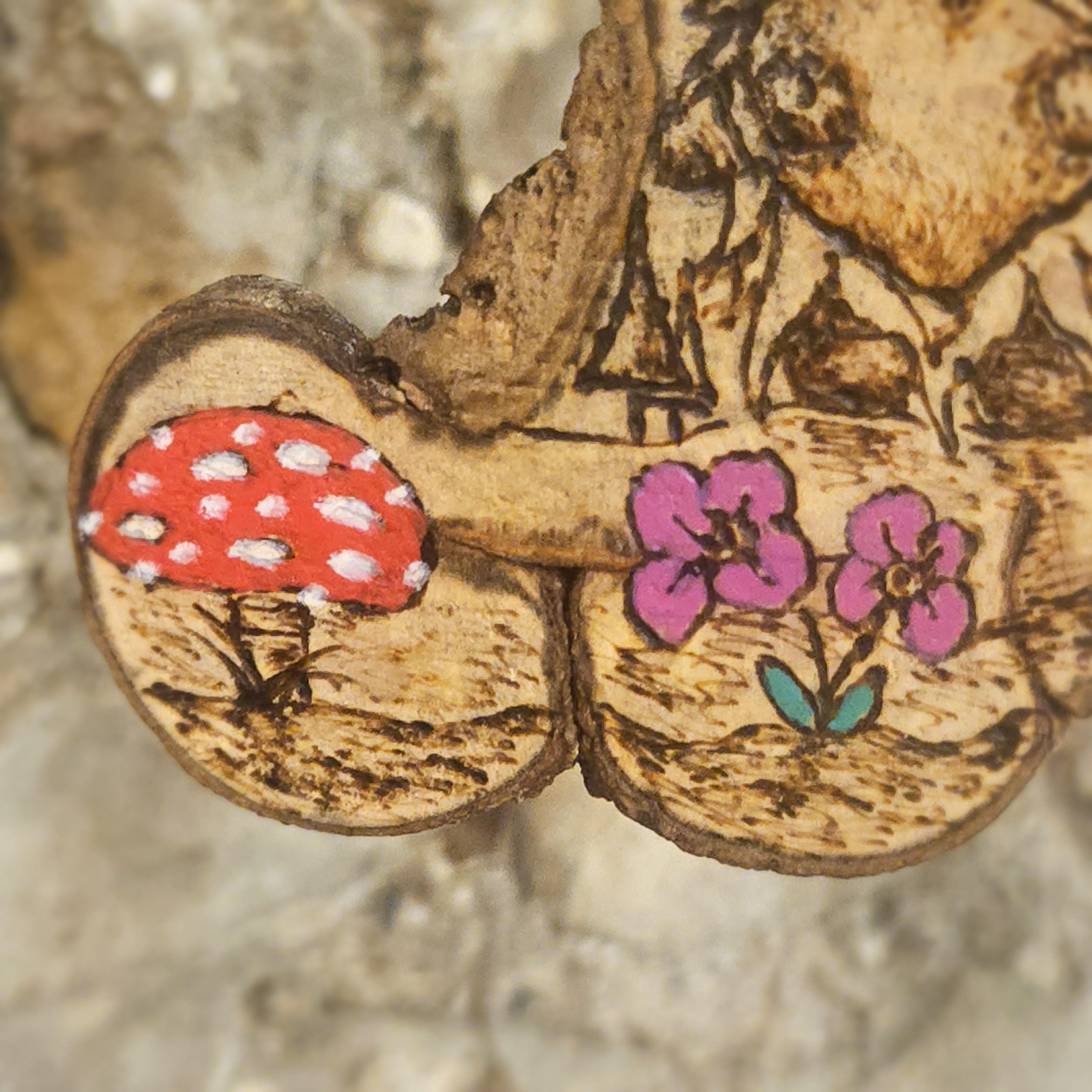 Woodland Gonk with Heart – Hand-Burned Crescent Shaped Hazel Wood Slice Art