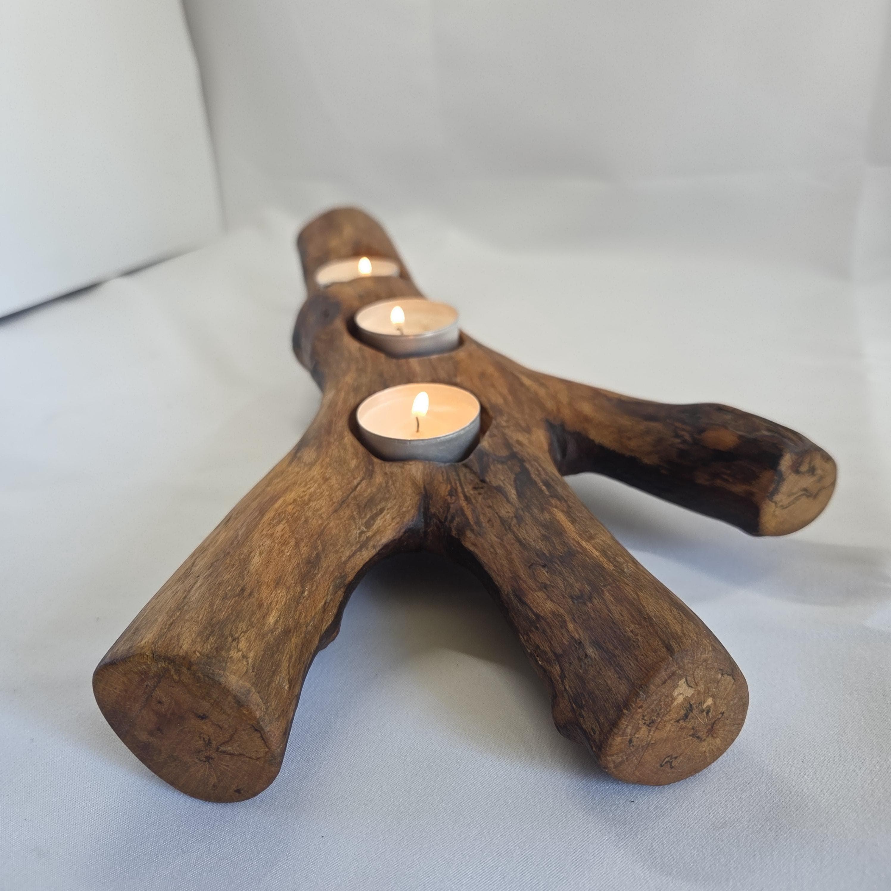 Natural Forked Wood Candle Centrepiece | Handcarved Tealight Stand | Rustic Earthy Decor by Bough & Burrow