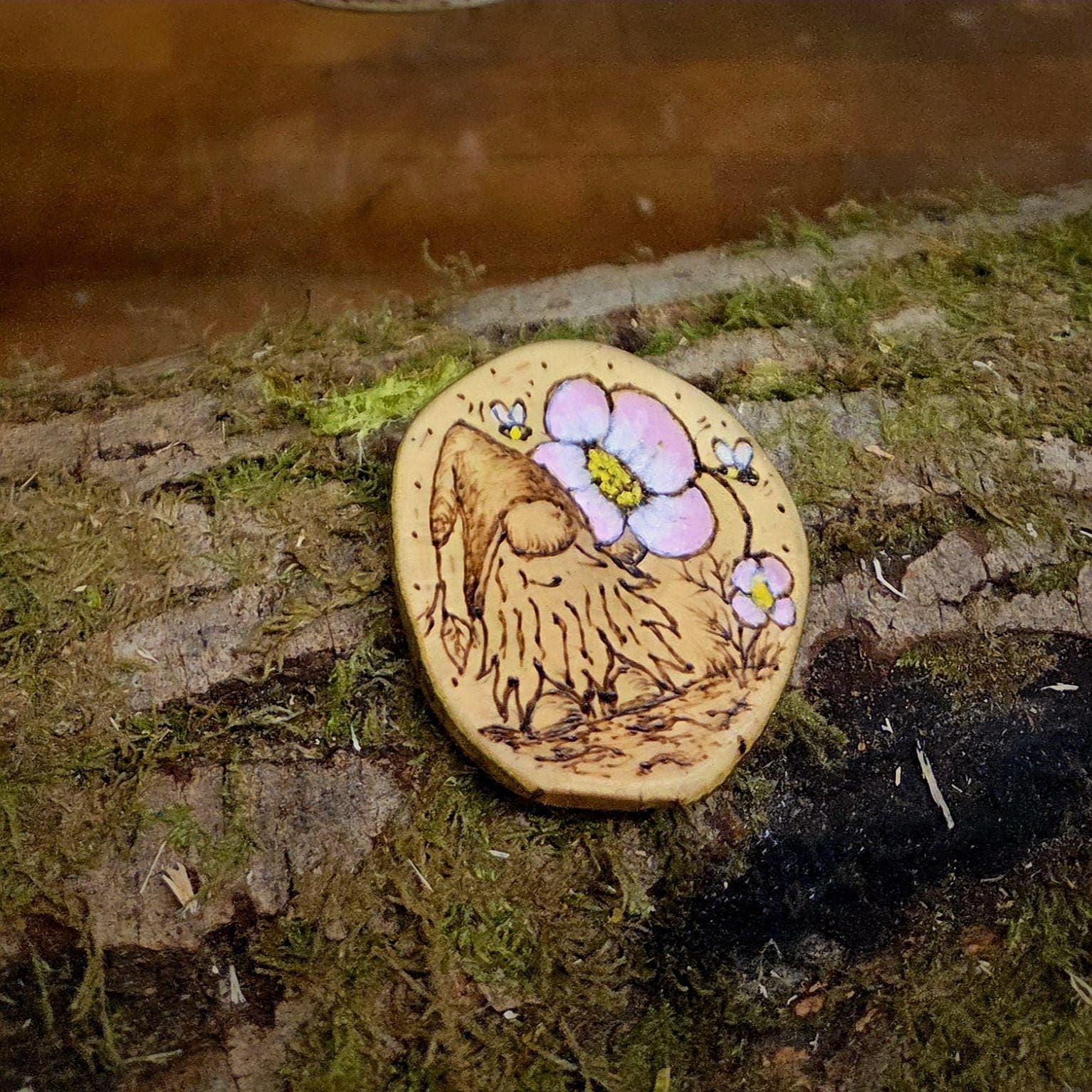 Wooden Ornament with Landscape with Flowers | Handcrafted Pyrography Art