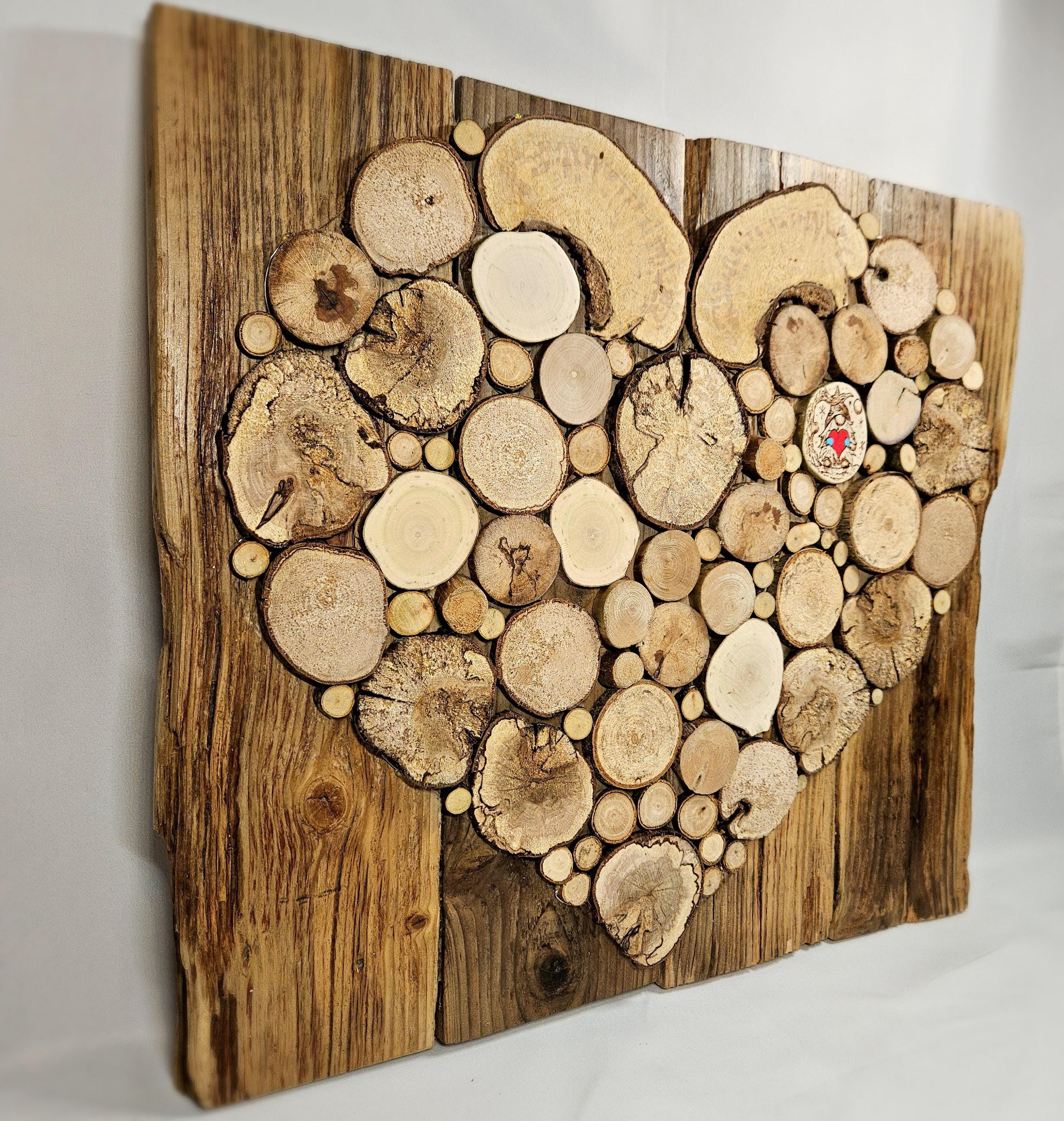 Medium Rustic Decor Wood Slice Heart with Lights & Pyrography
