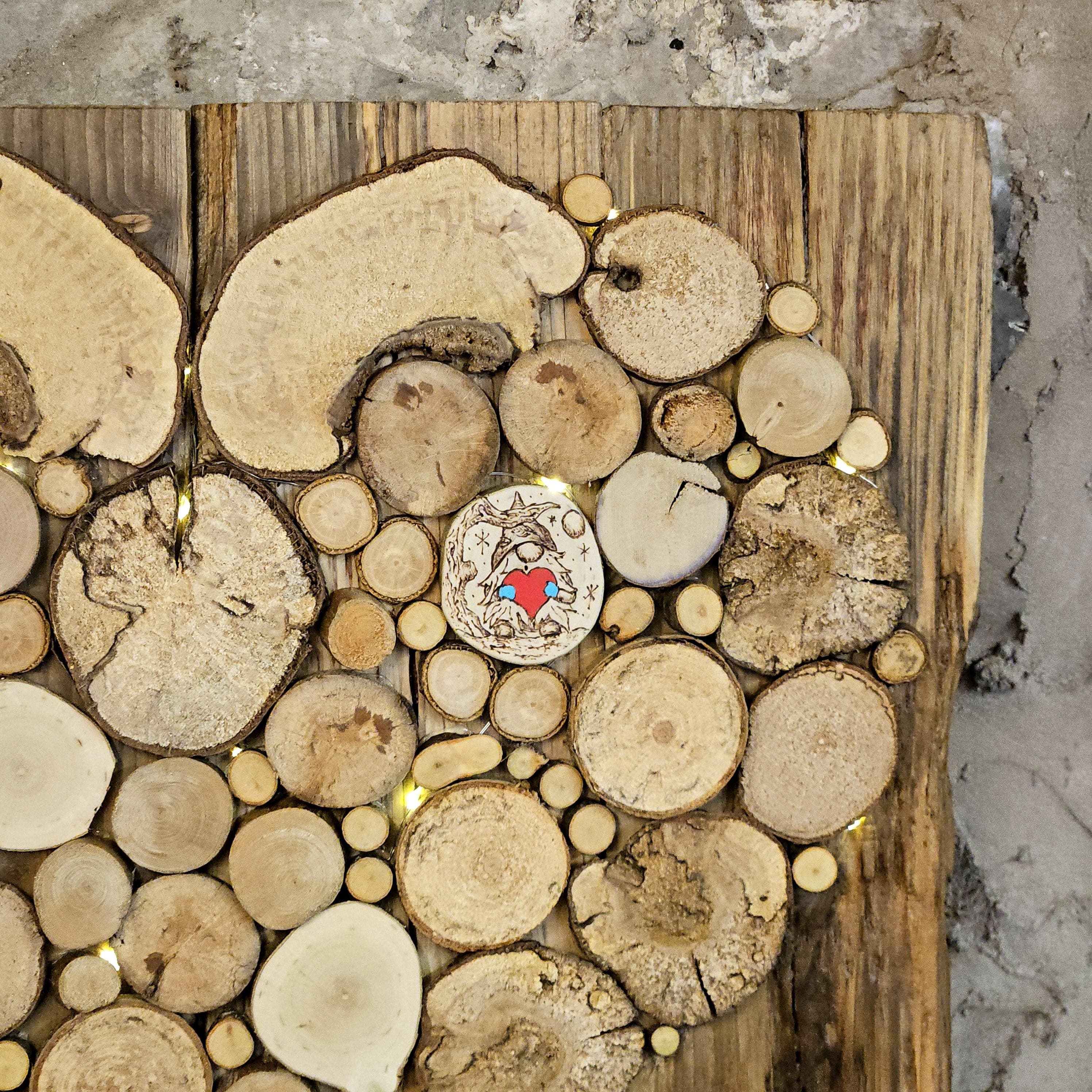 Medium Rustic Decor Wood Slice Heart with Lights & Pyrography