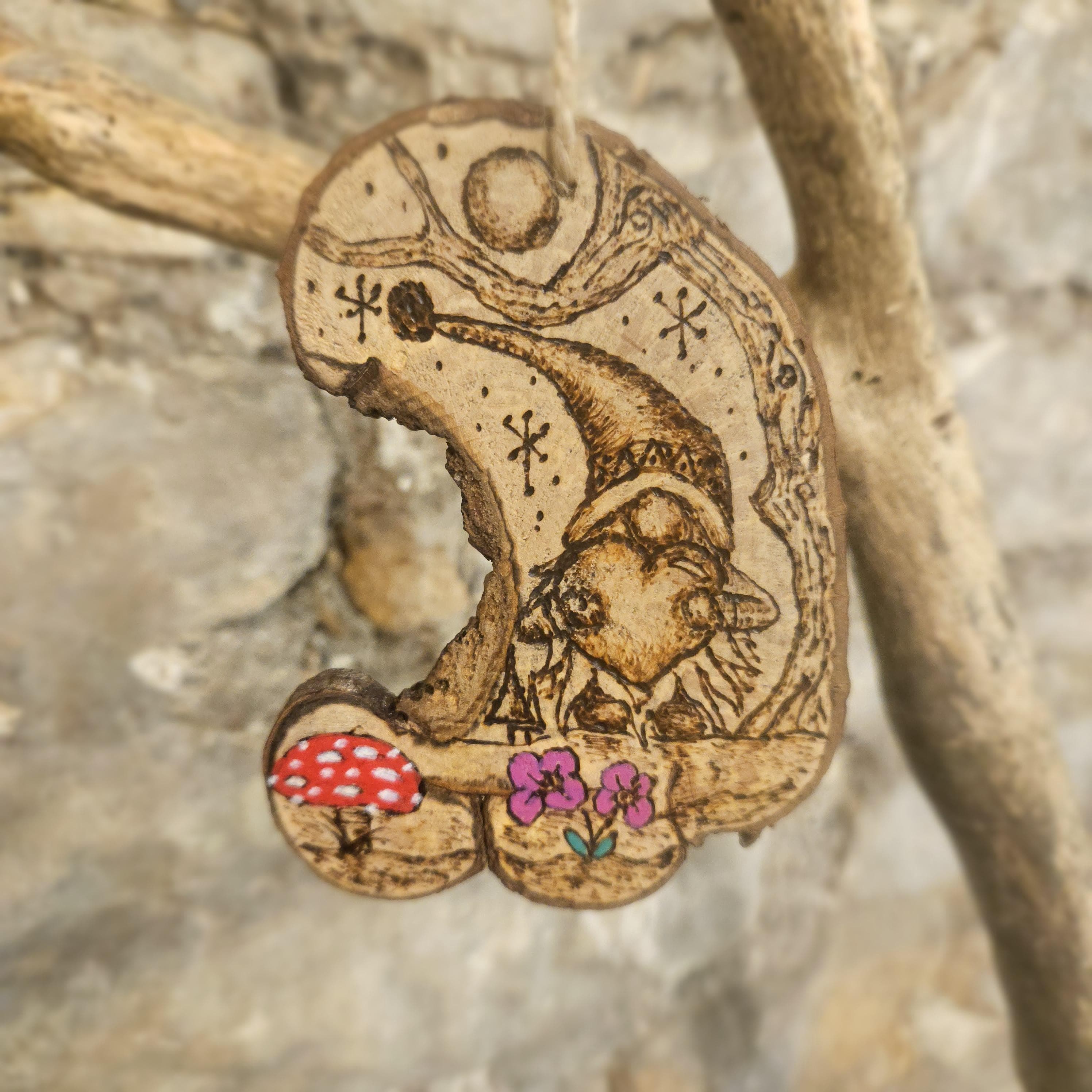 Woodland Gonk with Heart – Hand-Burned Crescent Shaped Hazel Wood Slice Art