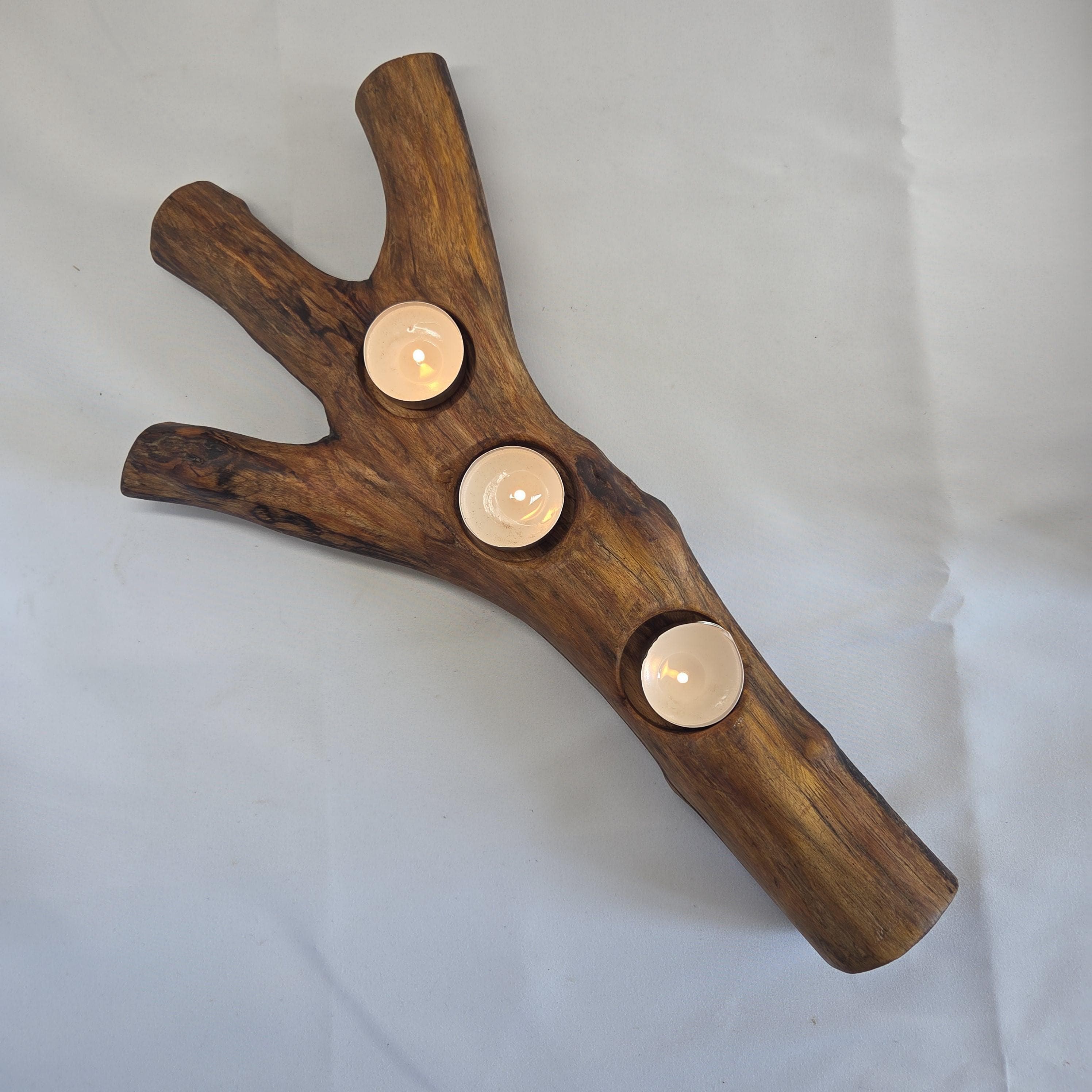Natural Forked Wood Candle Centrepiece | Handcarved Tealight Stand | Rustic Earthy Decor by Bough & Burrow