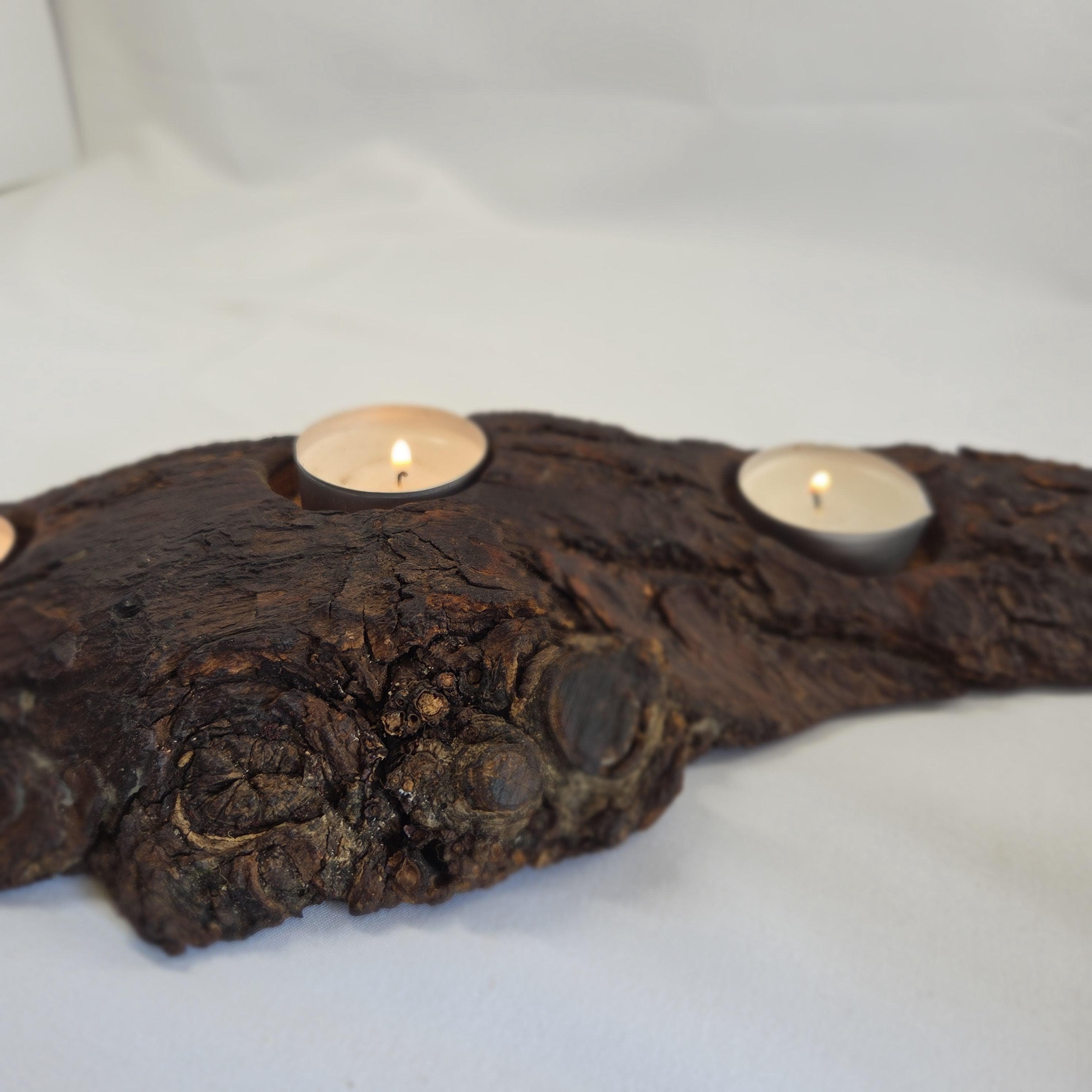 Reclaimed Natural Wood Candle Stand | Rustic Bark Centrepiece | Handmade by Bough & Burrow