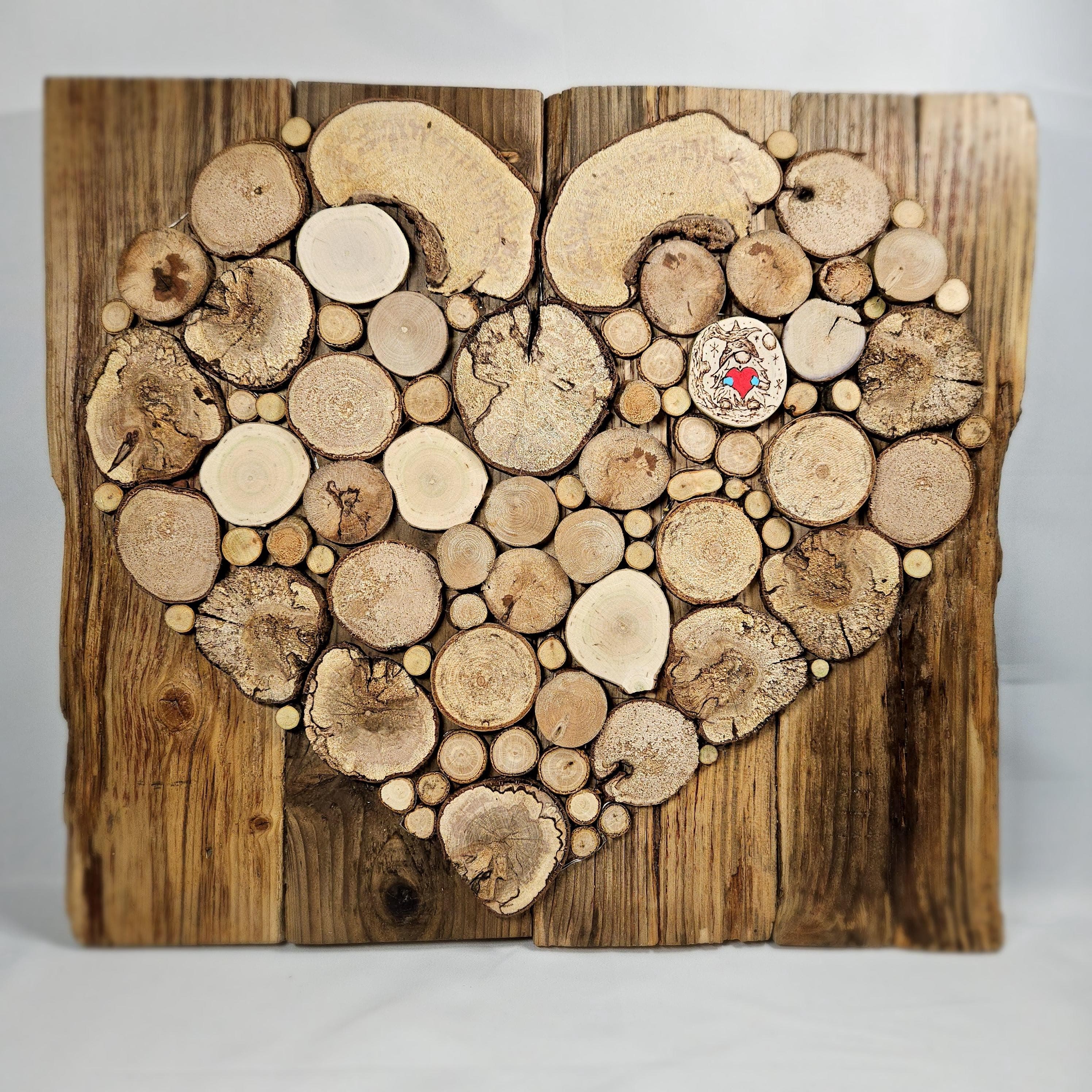 Medium Rustic Decor Wood Slice Heart with Lights & Pyrography
