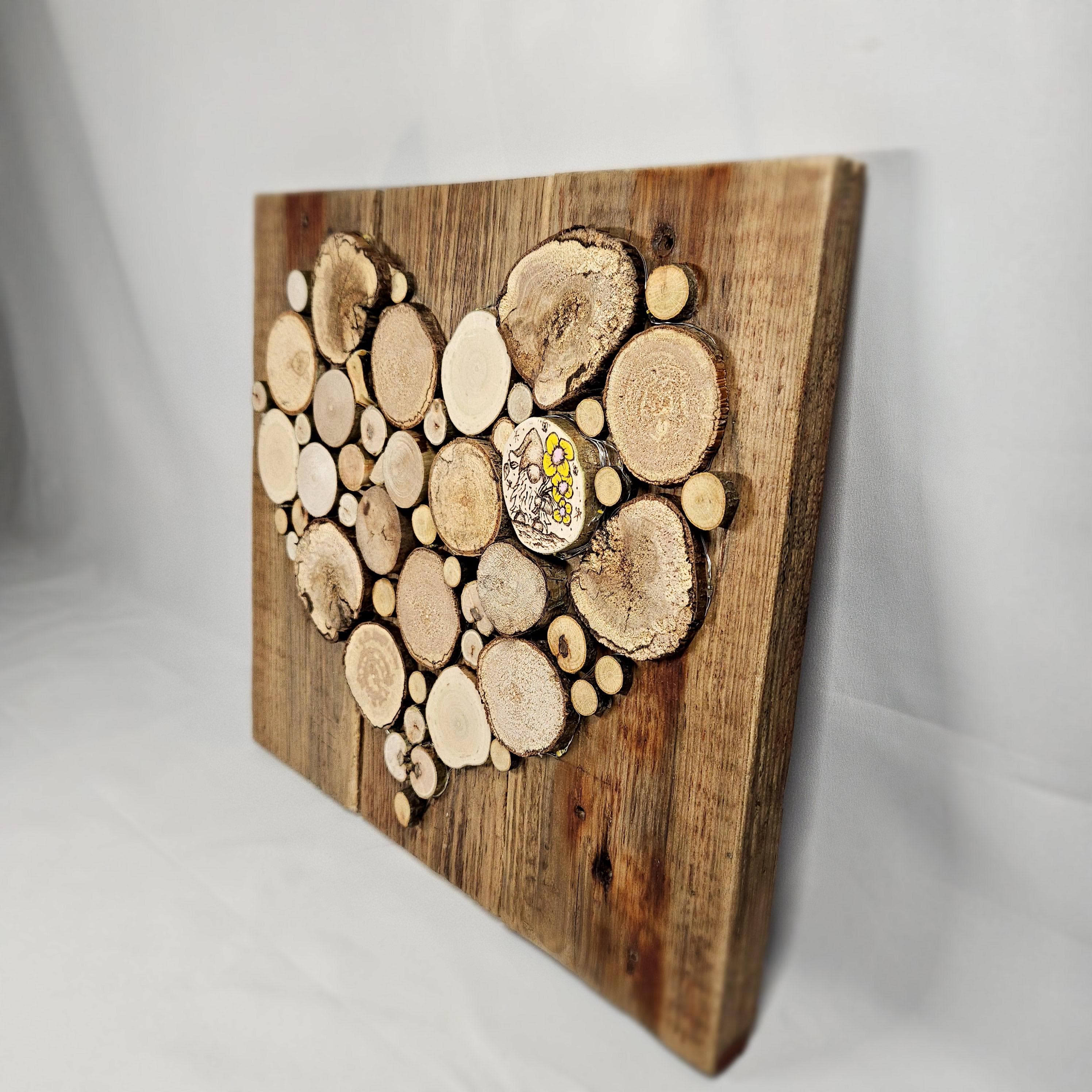 Wooden Wall Art wood decor featuring Heart Design and Pyrography Gonk & Flowers Detail, Rustic Wall Art, Wood Decor, Mother's Day Gift
