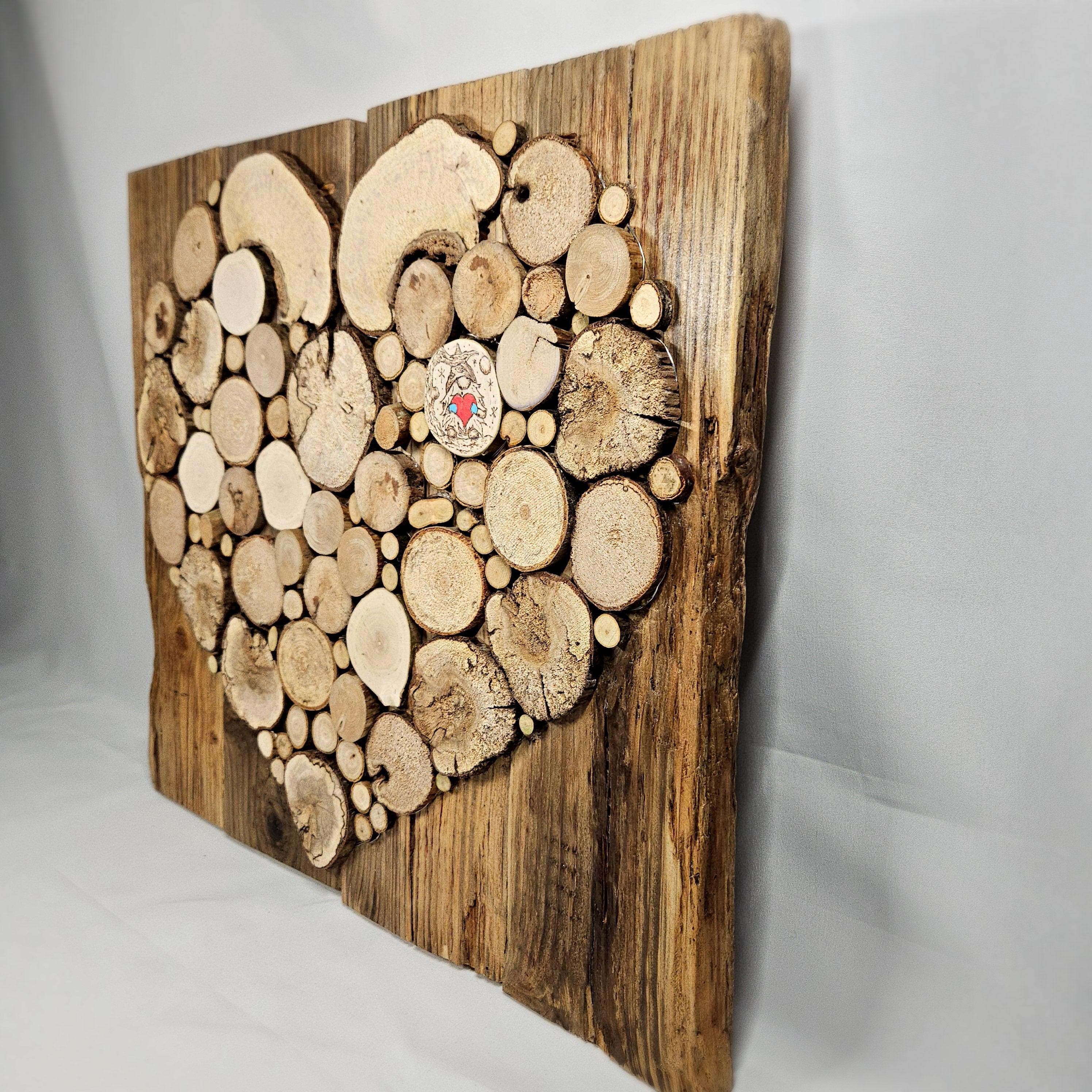 Medium Rustic Decor Wood Slice Heart with Lights & Pyrography