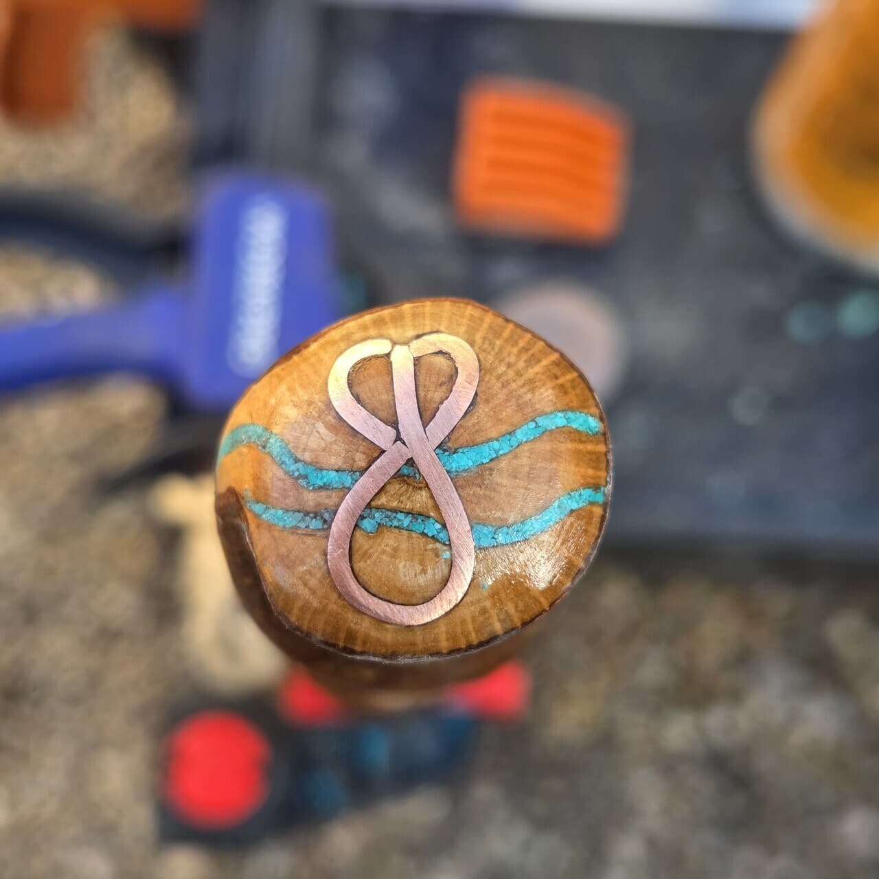 Twisted Hazel Walking Stick with Copper & Turquoise Inlay | HS-002, Commission, made in Wotton-under-Edge, Gloucestershire, by Bough & Burrow - View 2