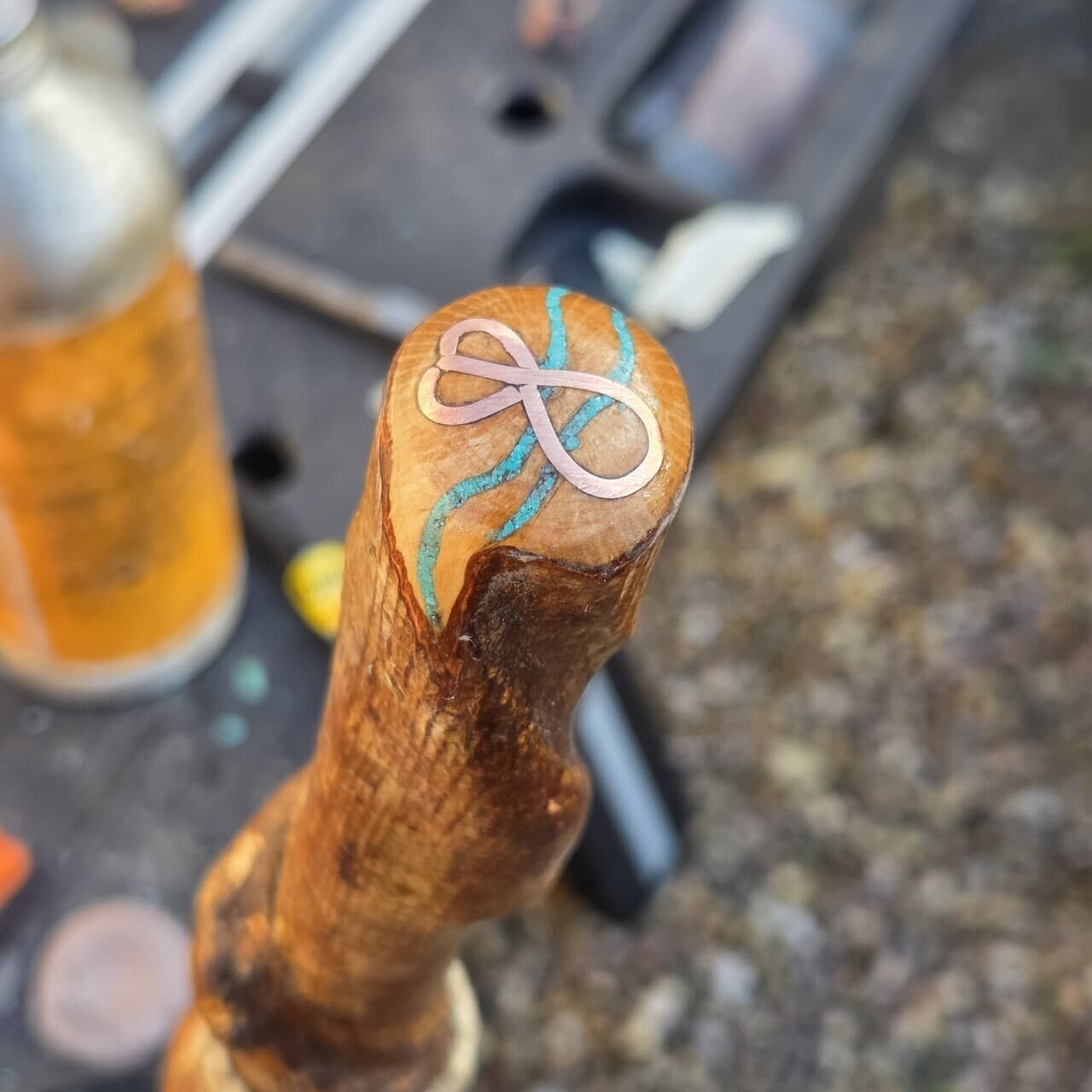 Twisted Hazel Walking Stick with Copper & Turquoise Inlay | HS-002, Commission, made in Wotton-under-Edge, Gloucestershire, by Bough & Burrow - View 3