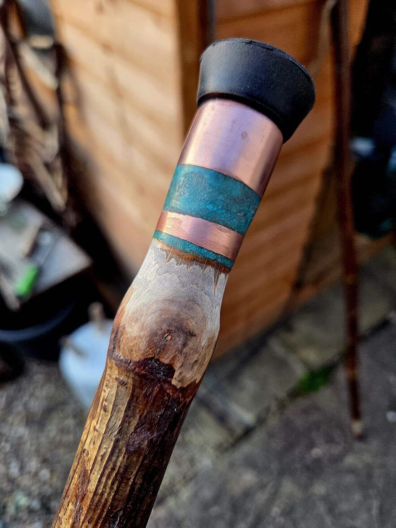 Twisted Hazel Walking Stick with Copper & Turquoise Inlay | HS-002, Commission, made in Wotton-under-Edge, Gloucestershire, by Bough & Burrow - View 6