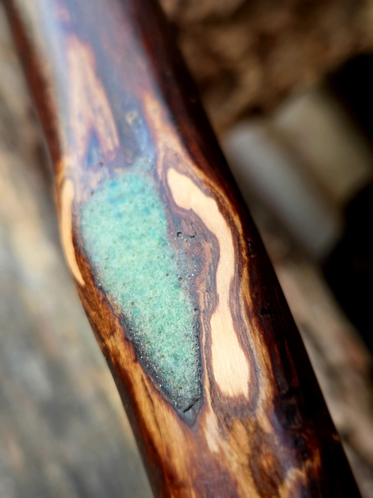 Hiking Stick with Fuchsite Mica Filed Knot | HS-008, Hazel, made in Wotton-under-Edge, Gloucestershire, by Bough & Burrow - View 6