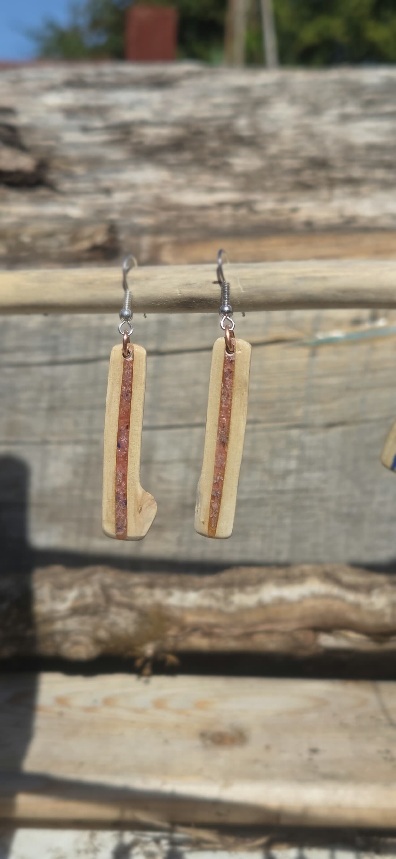 Driftwood and Rhodochrosite Drop Earrings, made in Wotton-under-Edge, Gloucestershire, by Bough & Burrow - View 2