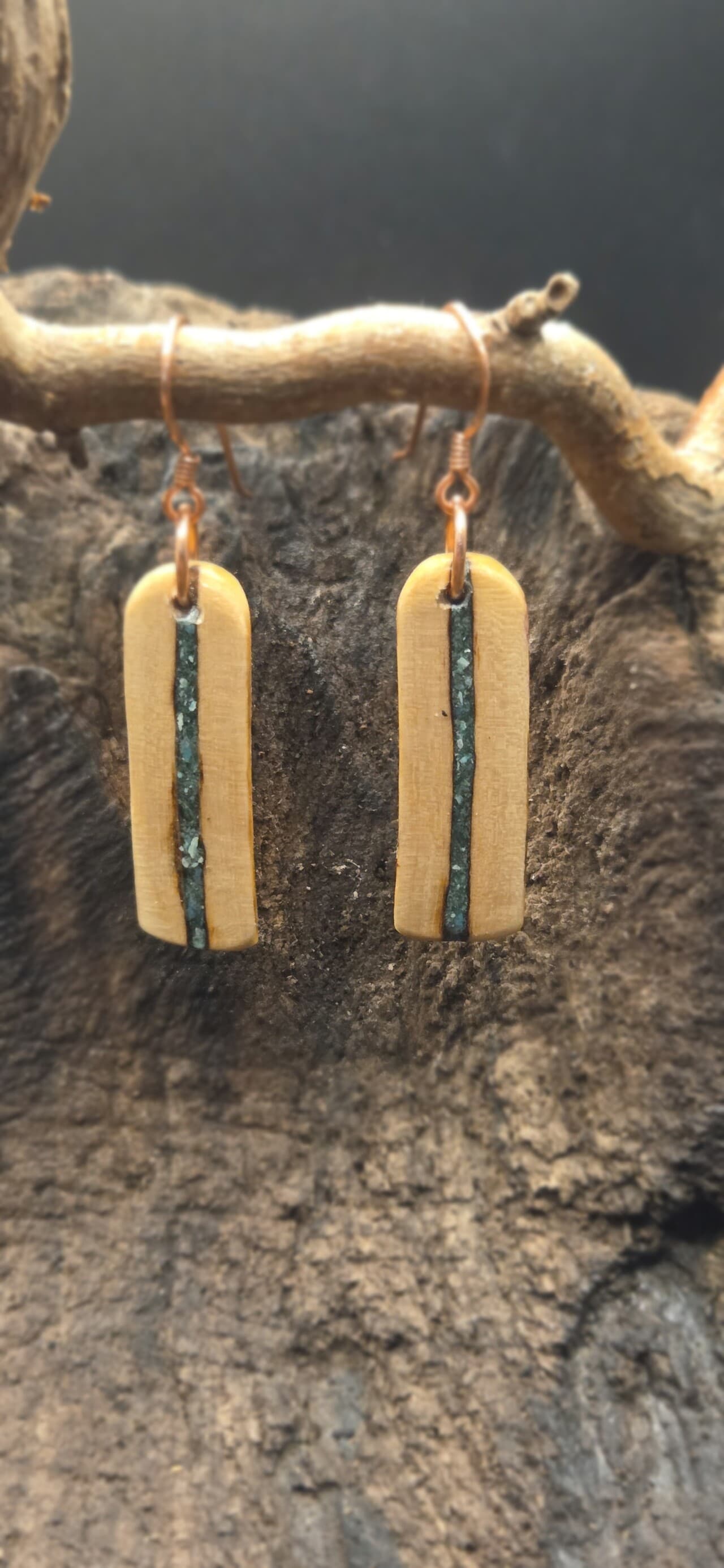 Cornish Driftwood Drop Earrings with Fuchsite & Turquoise Inlay, made in Wotton-under-Edge, Gloucestershire, by Bough & Burrow - Main image