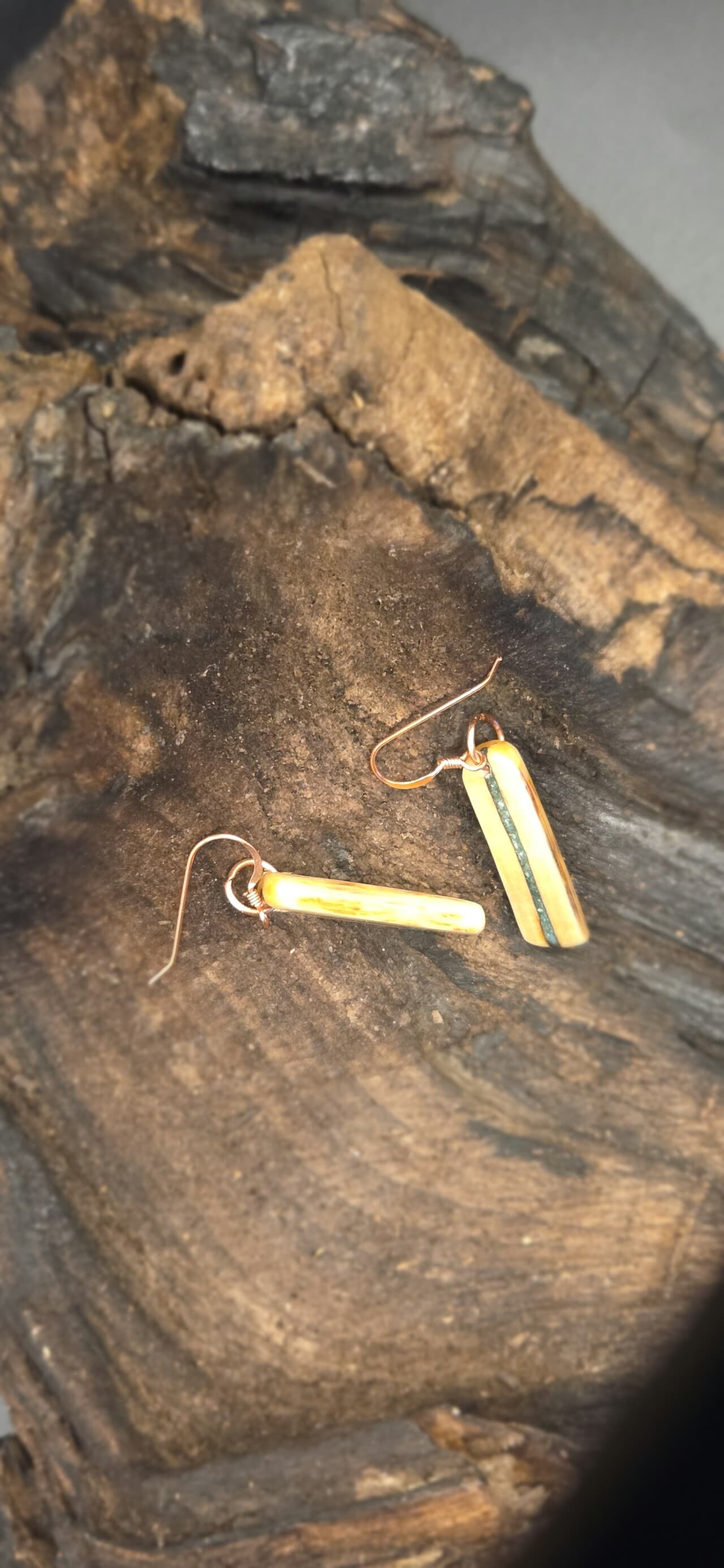 Cornish Driftwood Drop Earrings with Fuchsite & Turquoise Inlay, made in Wotton-under-Edge, Gloucestershire, by Bough & Burrow - View 5