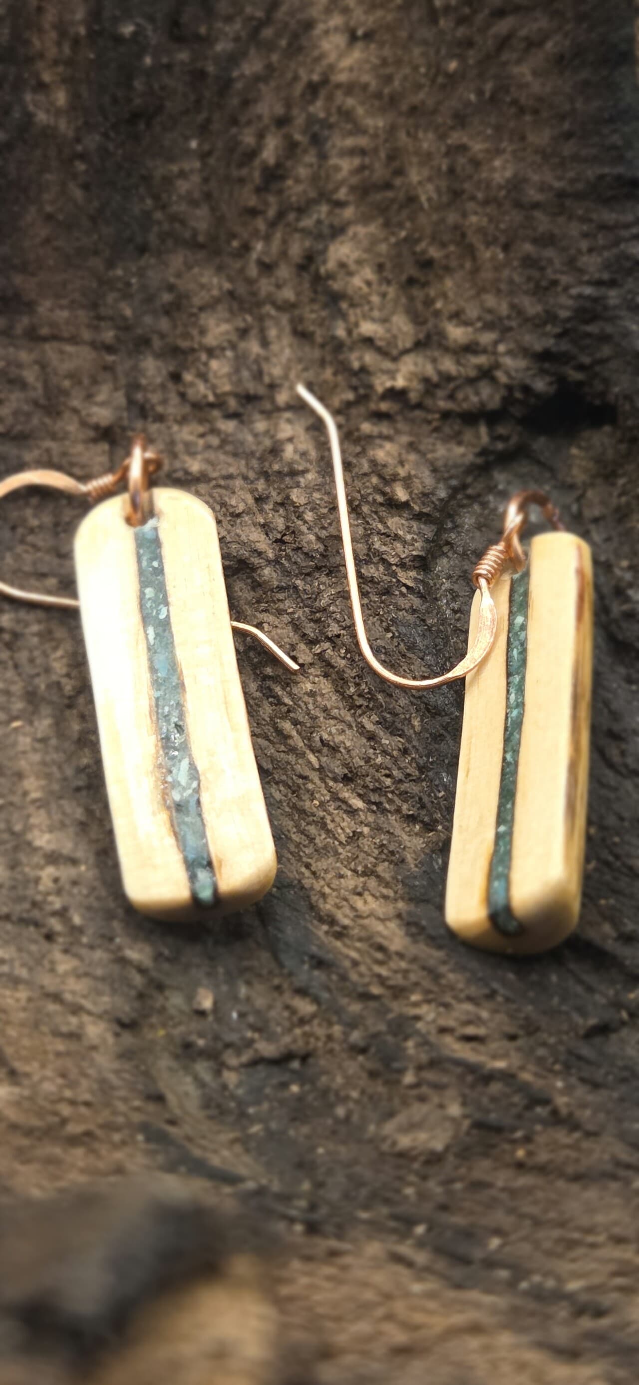 Cornish Driftwood Drop Earrings with Fuchsite & Turquoise Inlay, made in Wotton-under-Edge, Gloucestershire, by Bough & Burrow - View 3
