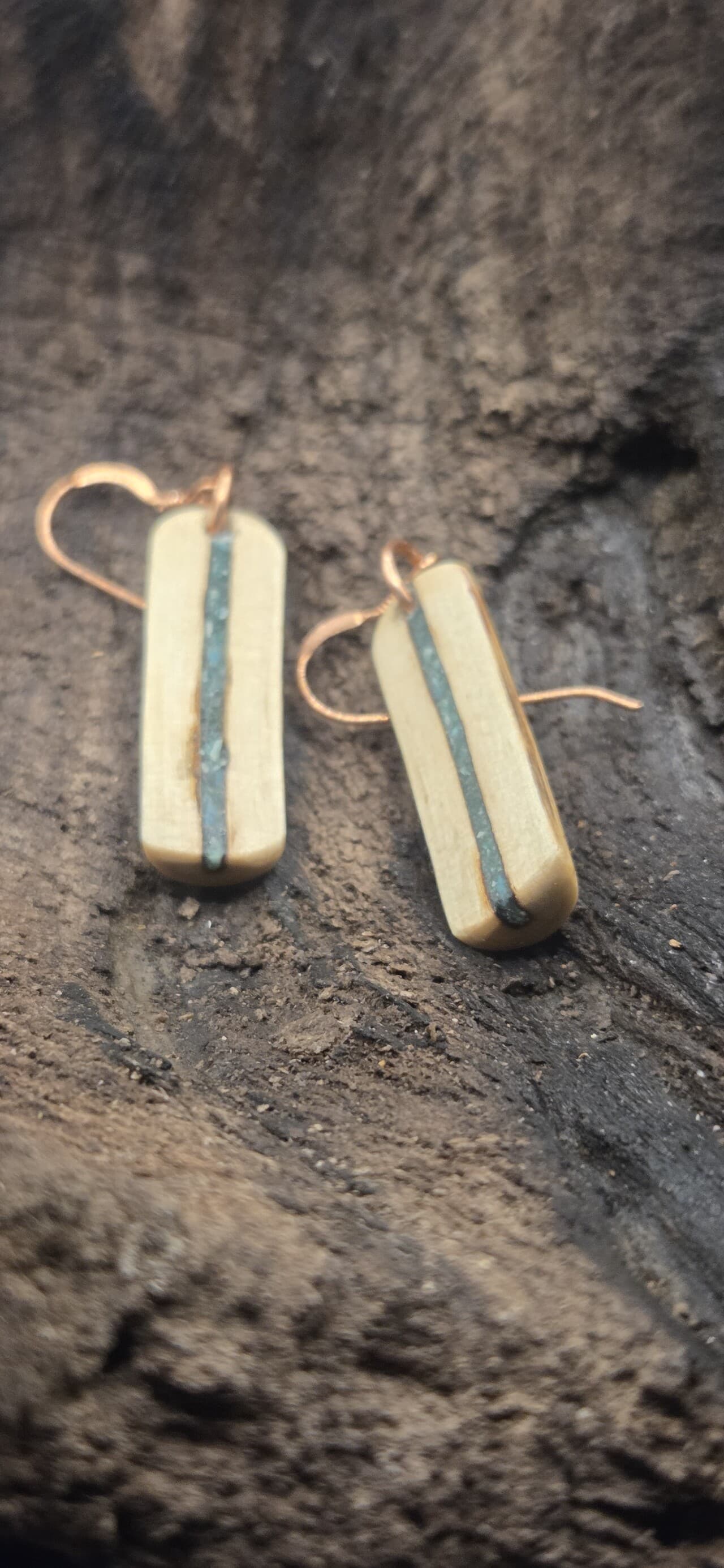 Cornish Driftwood Drop Earrings with Fuchsite & Turquoise Inlay, made in Wotton-under-Edge, Gloucestershire, by Bough & Burrow - View 4
