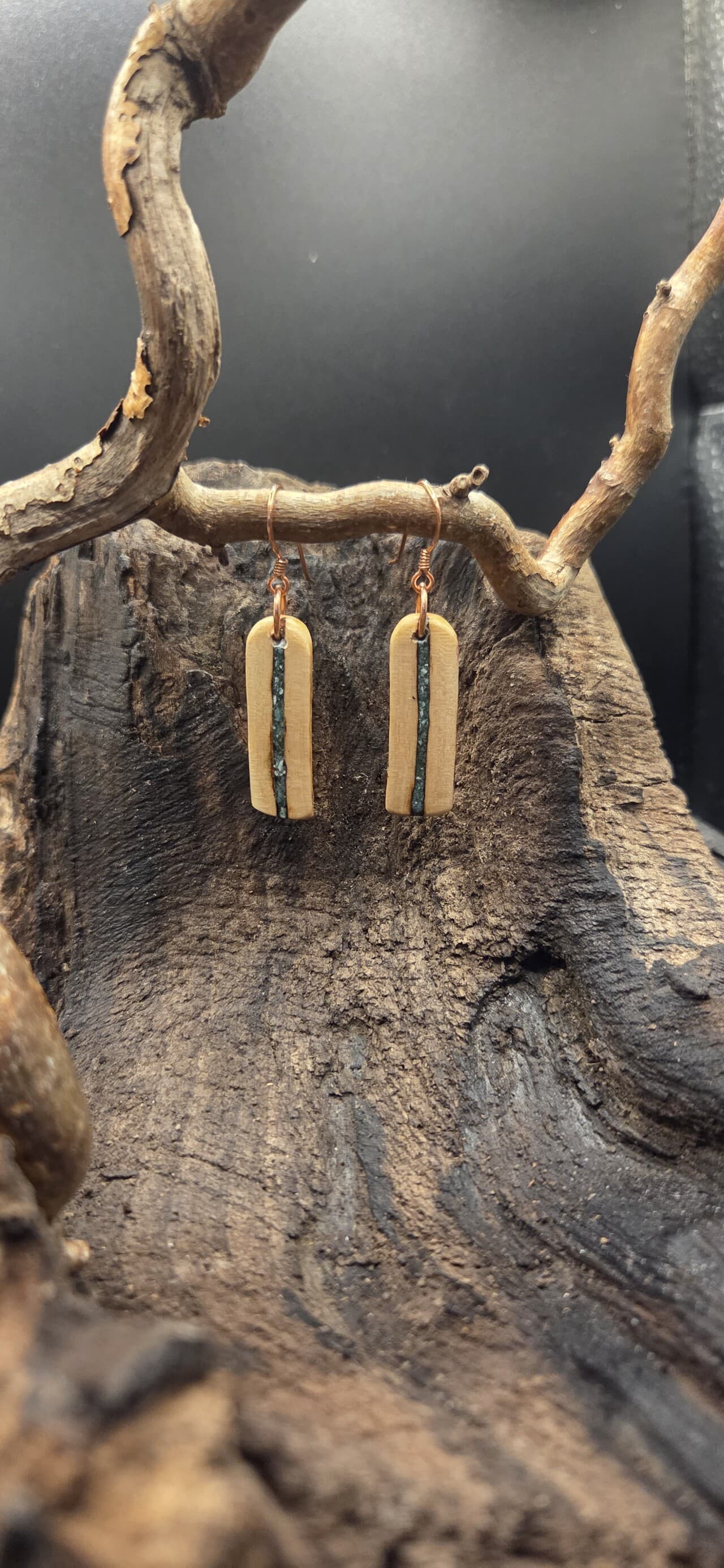 Cornish Driftwood Drop Earrings with Fuchsite & Turquoise Inlay, made in Wotton-under-Edge, Gloucestershire, by Bough & Burrow - View 2