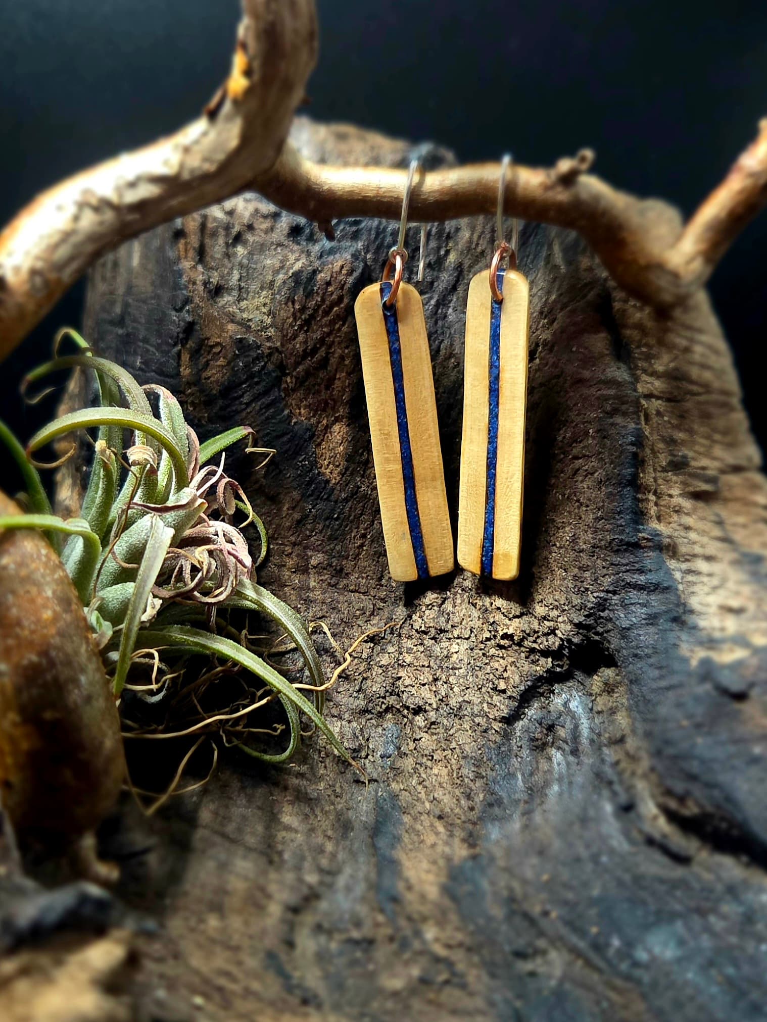 Cornish Driftwood Drop Earrings with Azurite Inlay, made in Wotton-under-Edge, Gloucestershire, by Bough & Burrow - Main image