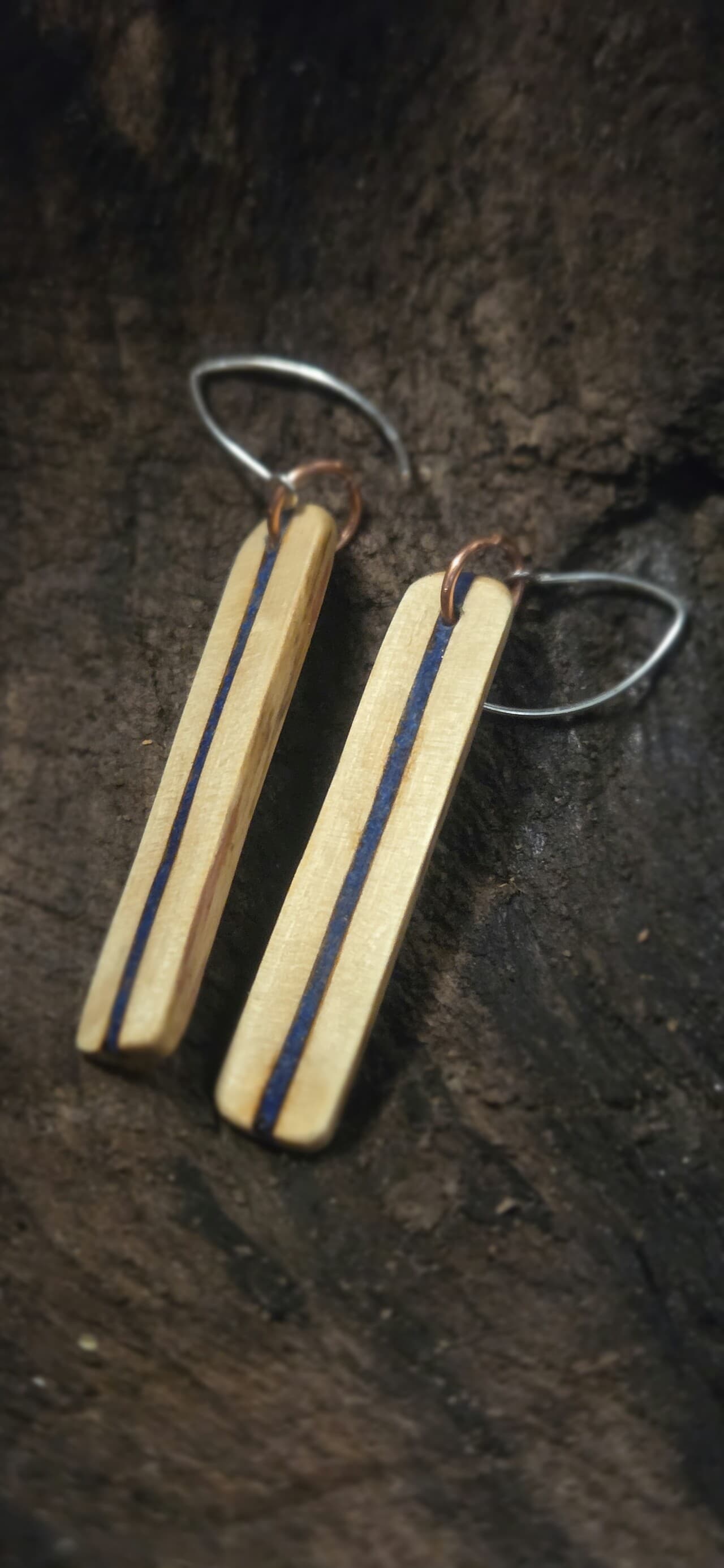 Cornish Driftwood Drop Earrings with Azurite Inlay, made in Wotton-under-Edge, Gloucestershire, by Bough & Burrow - View 4
