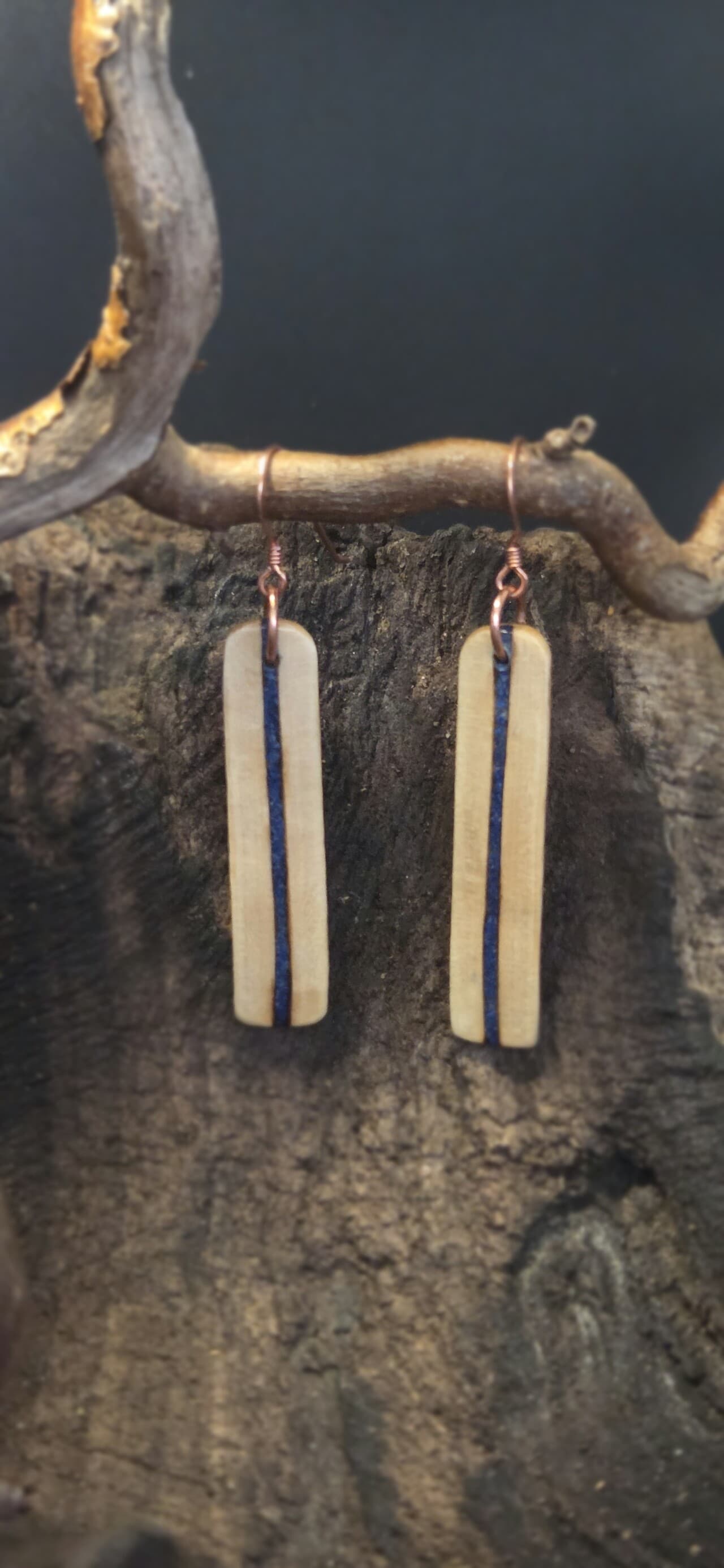 Cornish Driftwood Drop Earrings with Azurite Inlay, made in Wotton-under-Edge, Gloucestershire, by Bough & Burrow - View 2