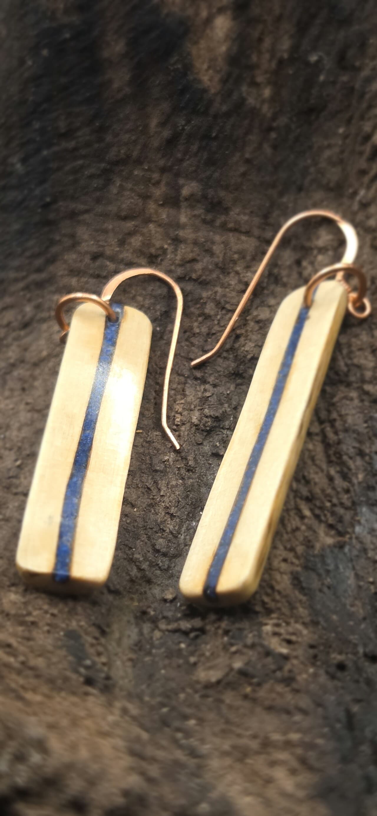 Cornish Driftwood Drop Earrings with Azurite Inlay, made in Wotton-under-Edge, Gloucestershire, by Bough & Burrow - View 3