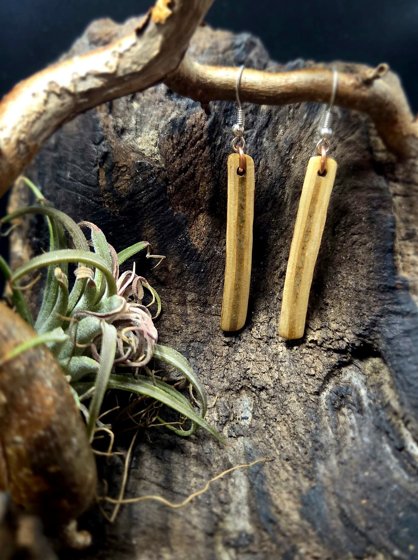 Cornish Driftwood Drop Earrings with Green Tourmaline Inlay, made in Wotton-under-Edge, Gloucestershire, by Bough & Burrow