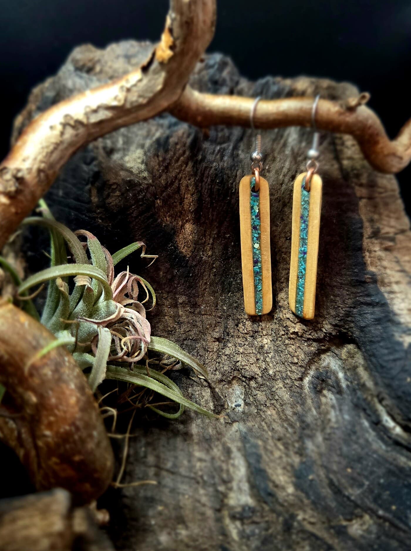 Cornish Driftwood and Turquoise & Sugilite Drop Earrings, made in Wotton-under-Edge, Gloucestershire, by Bough & Burrow