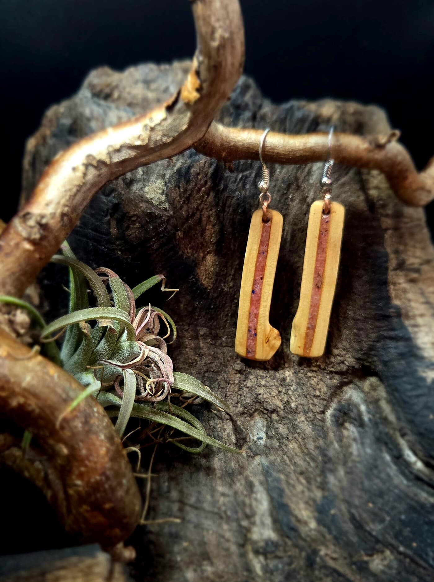 Driftwood and Rhodochrosite Drop Earrings, made in Wotton-under-Edge, Gloucestershire, by Bough & Burrow