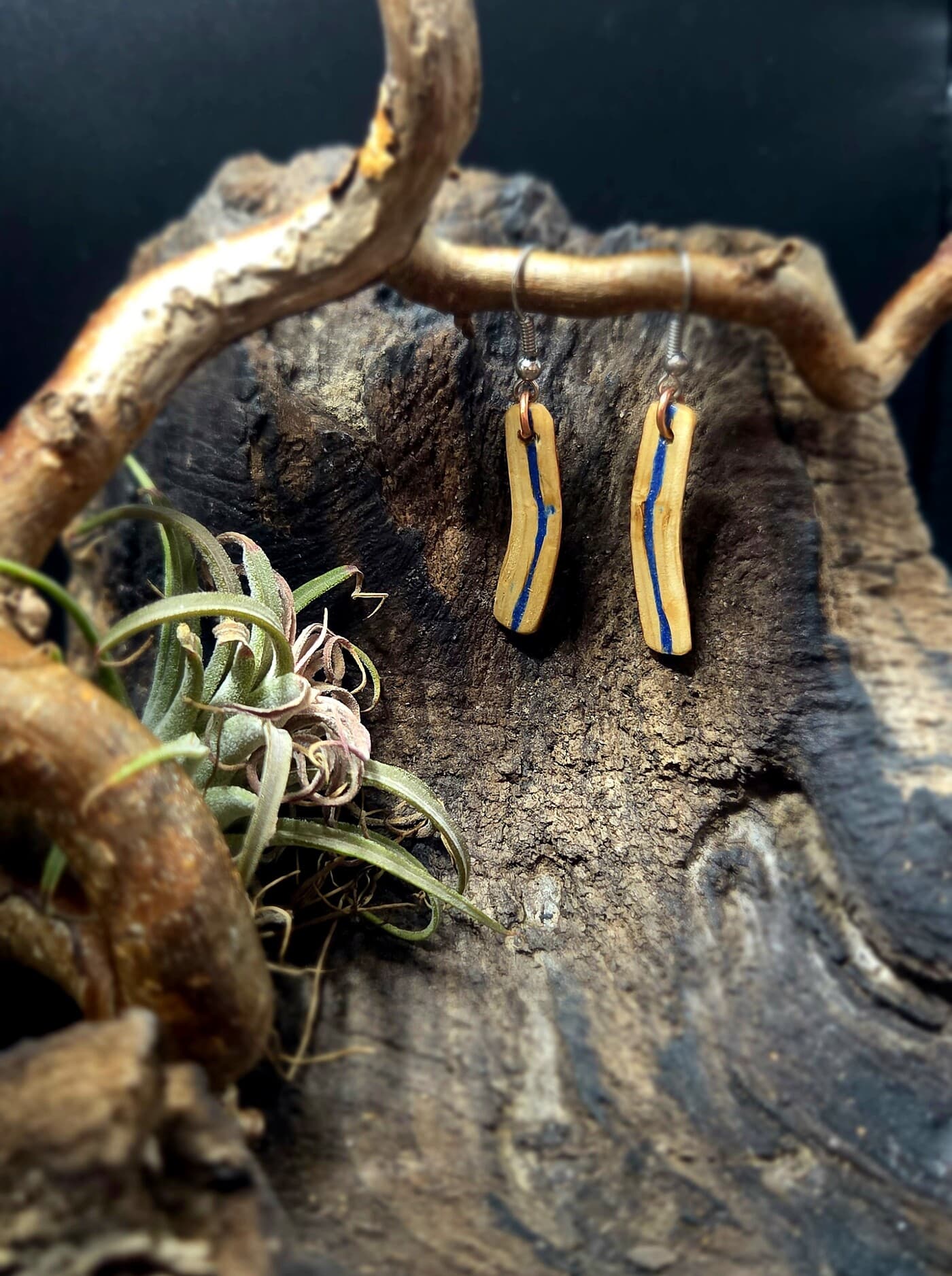 Driftwood and Azurite Drop Earrings, made in Wotton-under-Edge, Gloucestershire, by Bough & Burrow