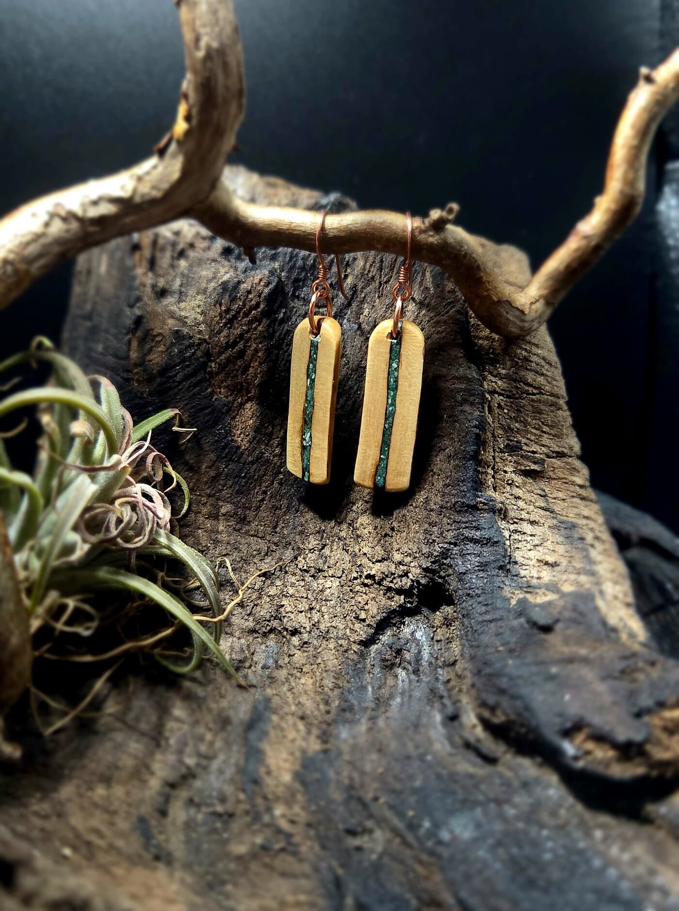 Cornish Driftwood Drop Earrings with Fuchsite & Turquoise Inlay, made in Wotton-under-Edge, Gloucestershire, by Bough & Burrow